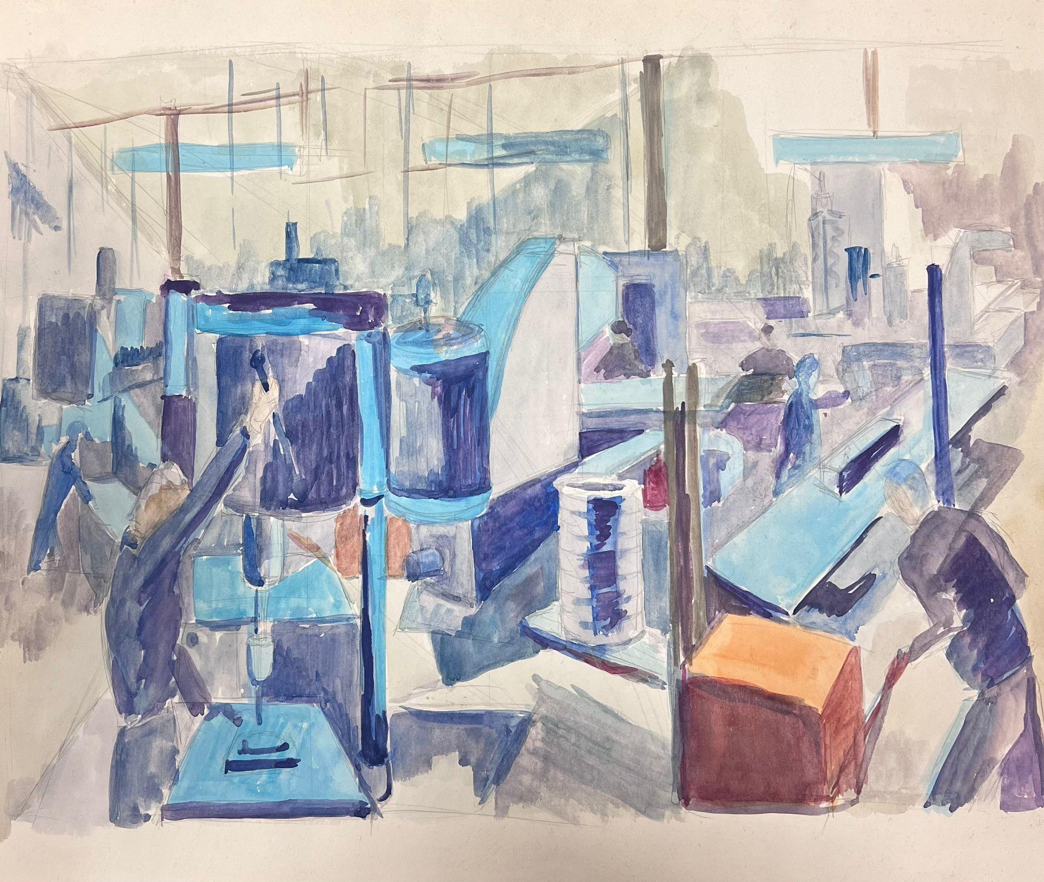Figures peintes françaises du milieu du 20e siècle travaillant dans une usine post-impressionniste - Gris Interior Art par Guy Nicod
