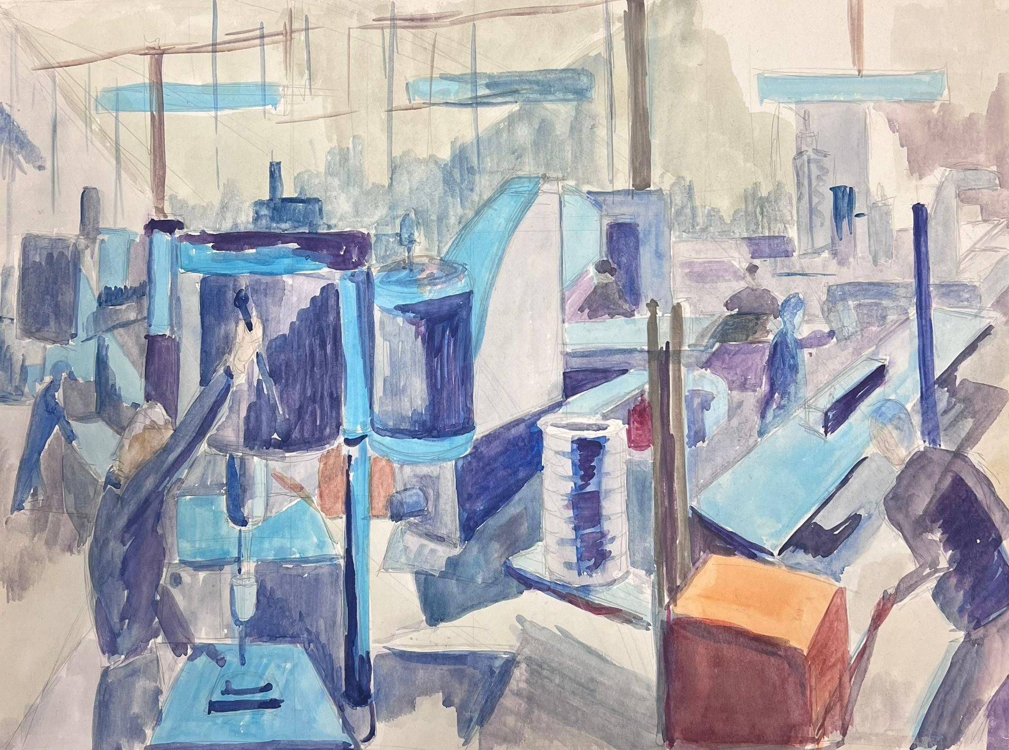 Figures peintes françaises du milieu du 20e siècle travaillant dans une usine post-impressionniste