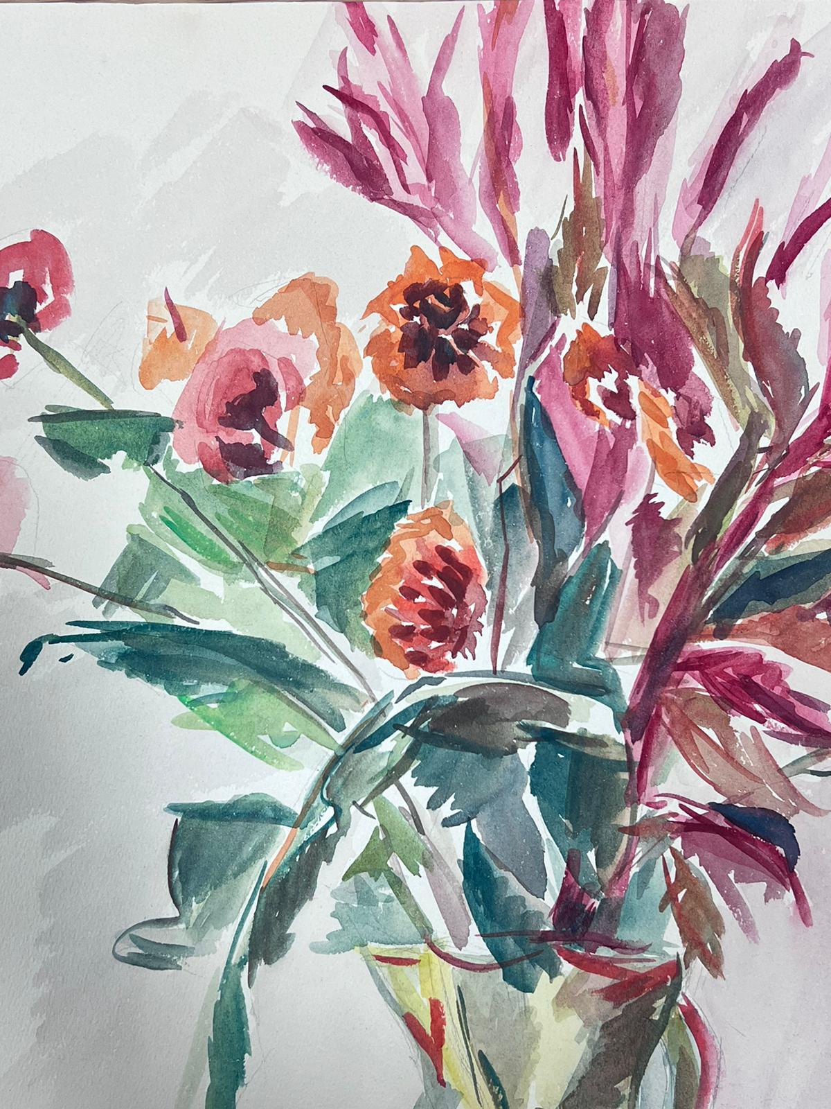 Mid 20th Century French Painting Pink Poppies and Ferns In China Vase - Art by Guy Nicod
