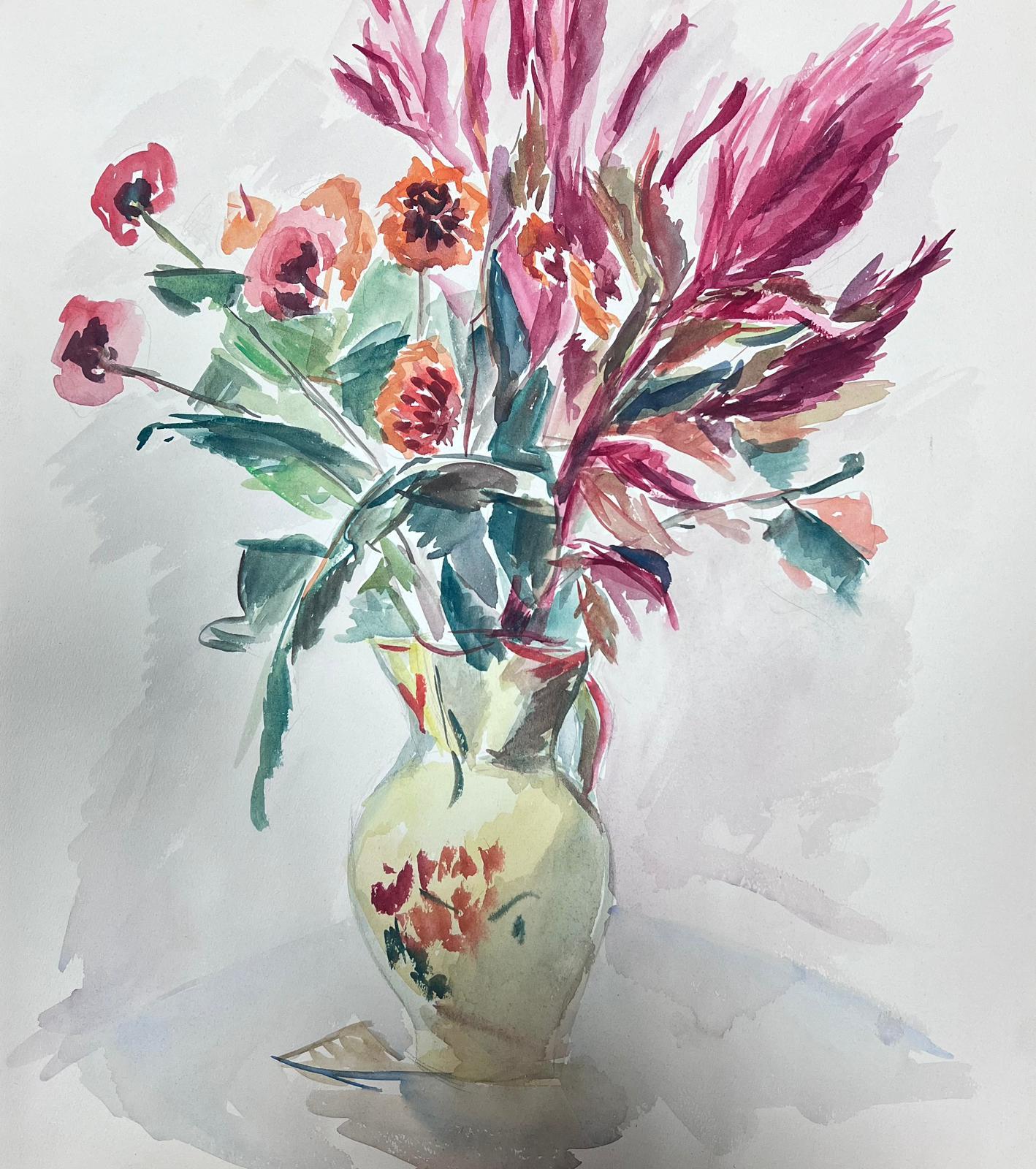 Guy Nicod Still-Life – Französische Vase aus der Mitte des 20. Jahrhunderts, Gemälde Rosa Pflanzgefäße und Früchte in China