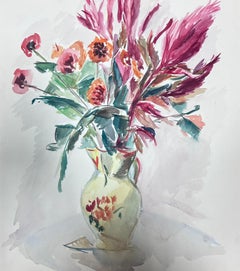 Peinture française du milieu du 20e siècle Coquelicots roses et fougères dans un vase en Chine
