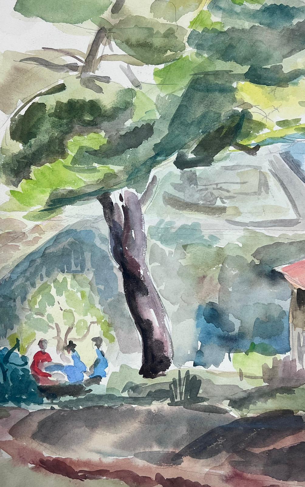 Peinture post-impressionniste française du milieu du 20e siècle représentant un cottage de côte avec des personnages - Post-impressionnisme Art par Guy Nicod