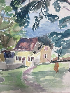 Peinture post-impressionniste française du milieu du 20e siècle, représentant une route côtière vers un chalet