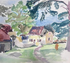 Peinture post-impressionniste française du milieu du 20e siècle, représentant une route côtière vers un chalet