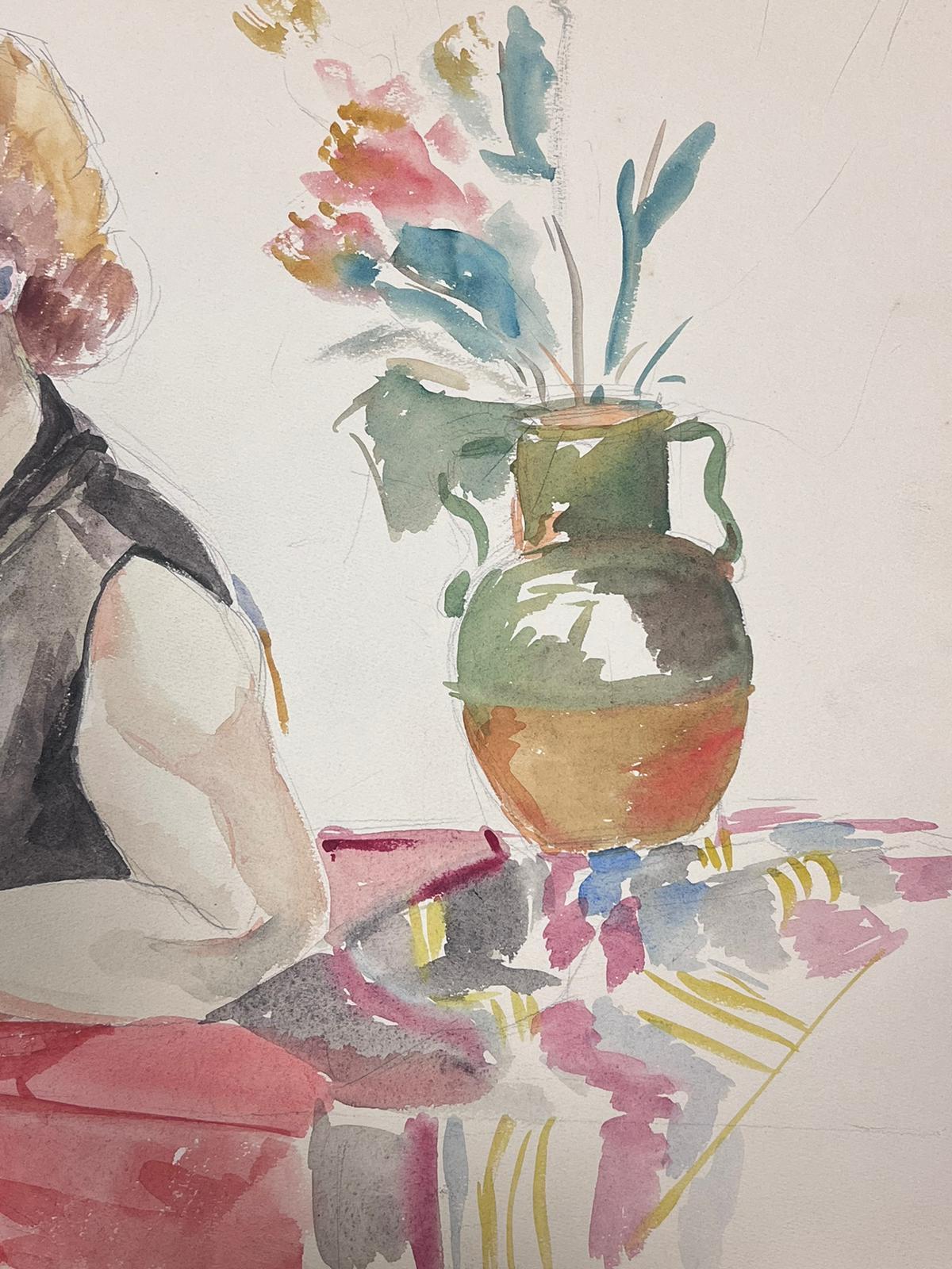 Französisches postimpressionistisches Gemälde Dame in Inneneinrichtung und Blumen, Mitte des 20. Jahrhunderts (Post-Impressionismus), Painting, von Guy Nicod