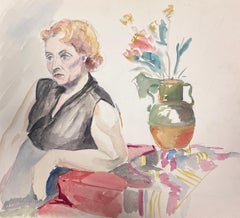 Französisches postimpressionistisches Gemälde Dame in Inneneinrichtung und Blumen, Mitte des 20. Jahrhunderts