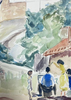 Aquarelle post-impressionniste française du milieu du 20e siècle représentant des villageois provençaux