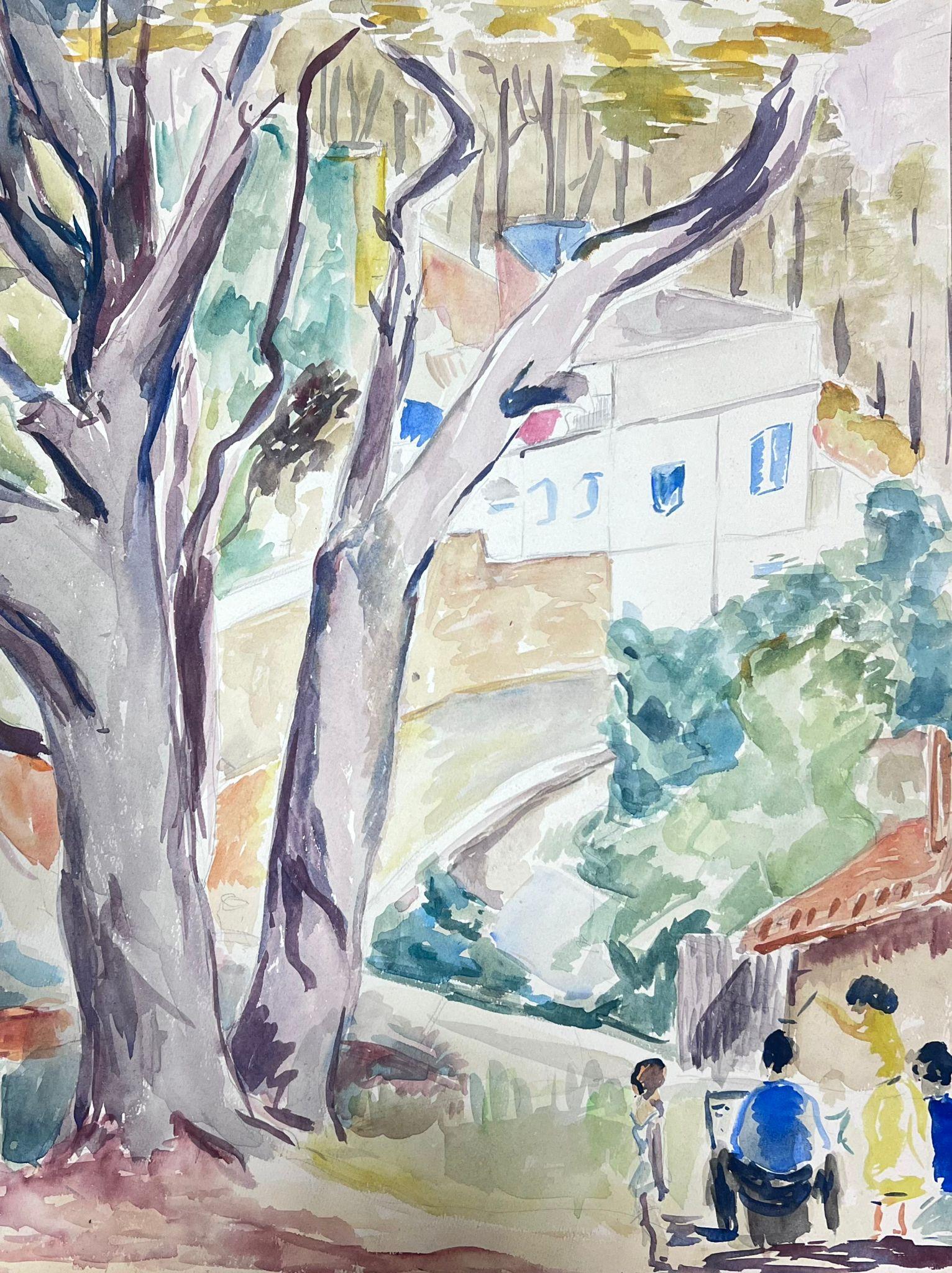 Mid 20th Century French Post-Impressionist Watercolor Provencal Village Figures For Sale 2