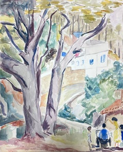 Aquarelle post-impressionniste française du milieu du 20e siècle représentant des villageois provençaux