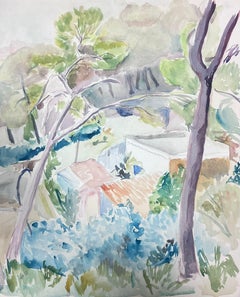 Aquarelle post-impressionniste française du milieu du 20e siècle représentant un village provençal
