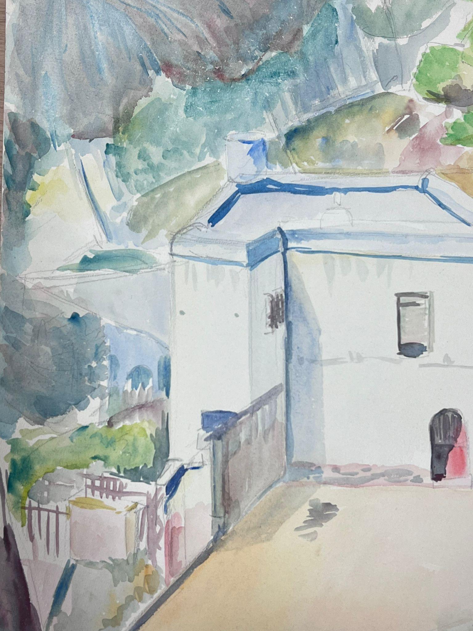 Aquarelle post-impressionniste française du milieu du 20e siècle représentant un château blanc provençal - Painting de Guy Nicod