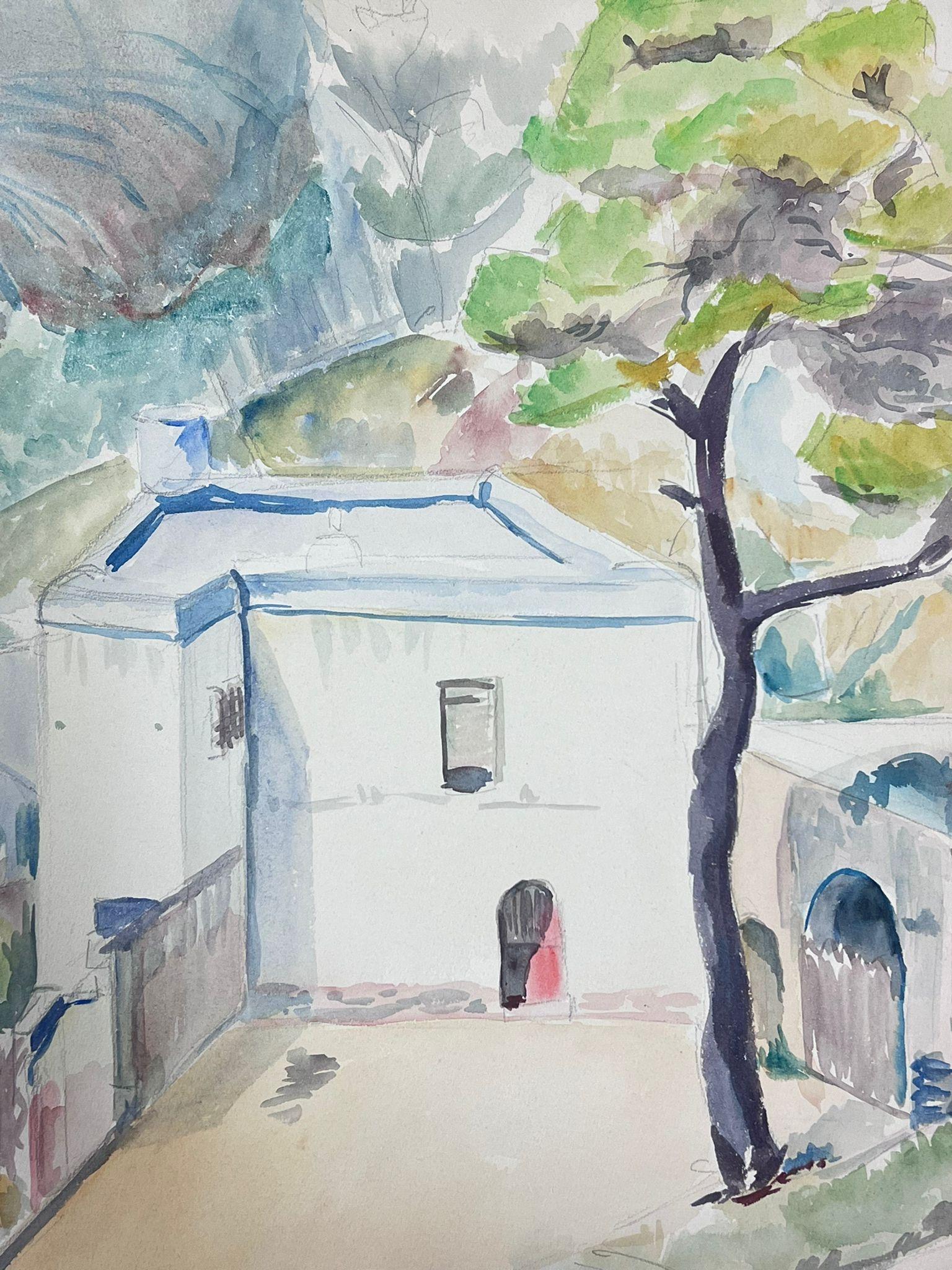 Aquarelle post-impressionniste française du milieu du 20e siècle représentant un château blanc provençal - Moderne Painting par Guy Nicod