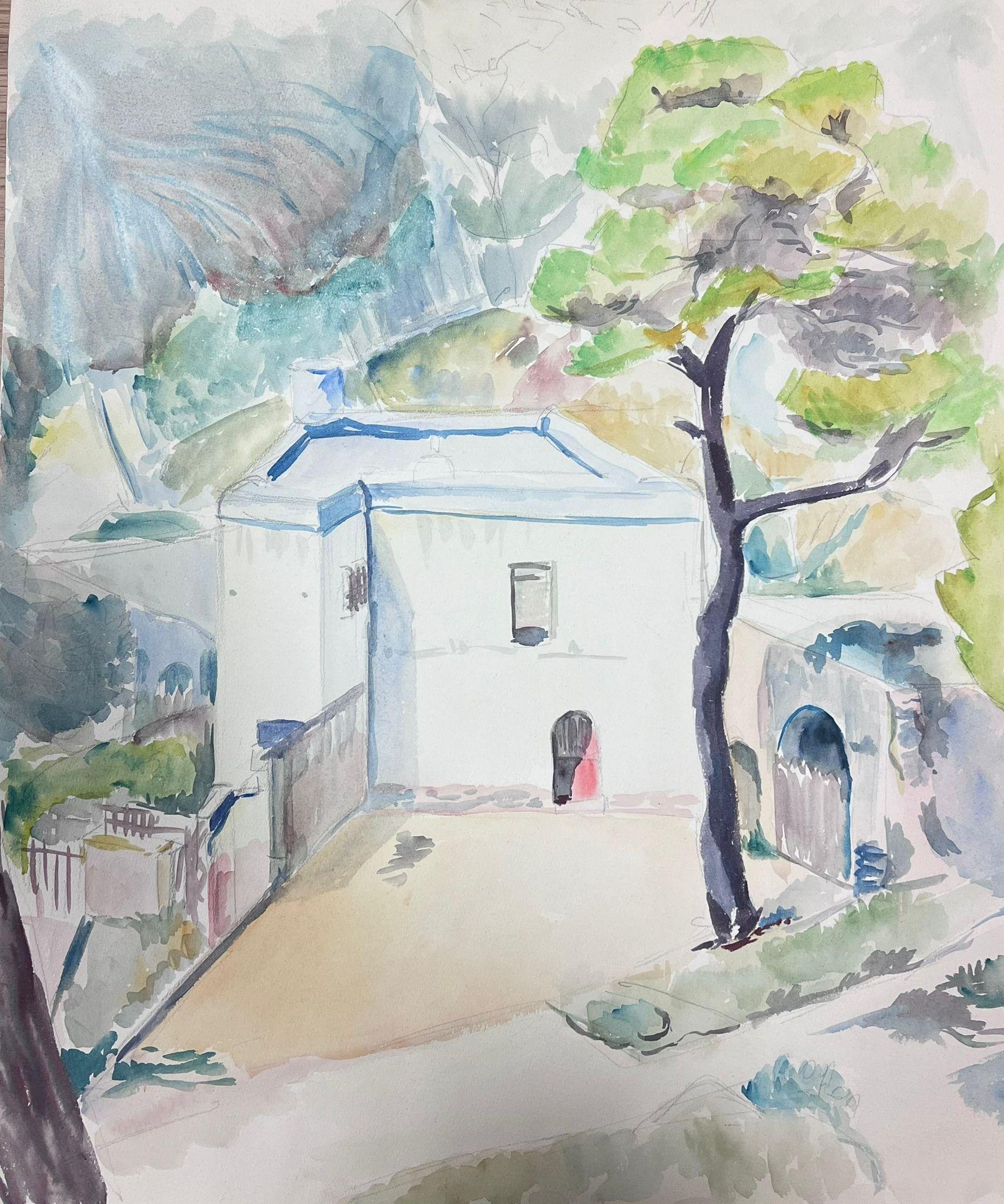 Landscape Painting Guy Nicod - Aquarelle post-impressionniste française du milieu du 20e siècle représentant un château blanc provençal