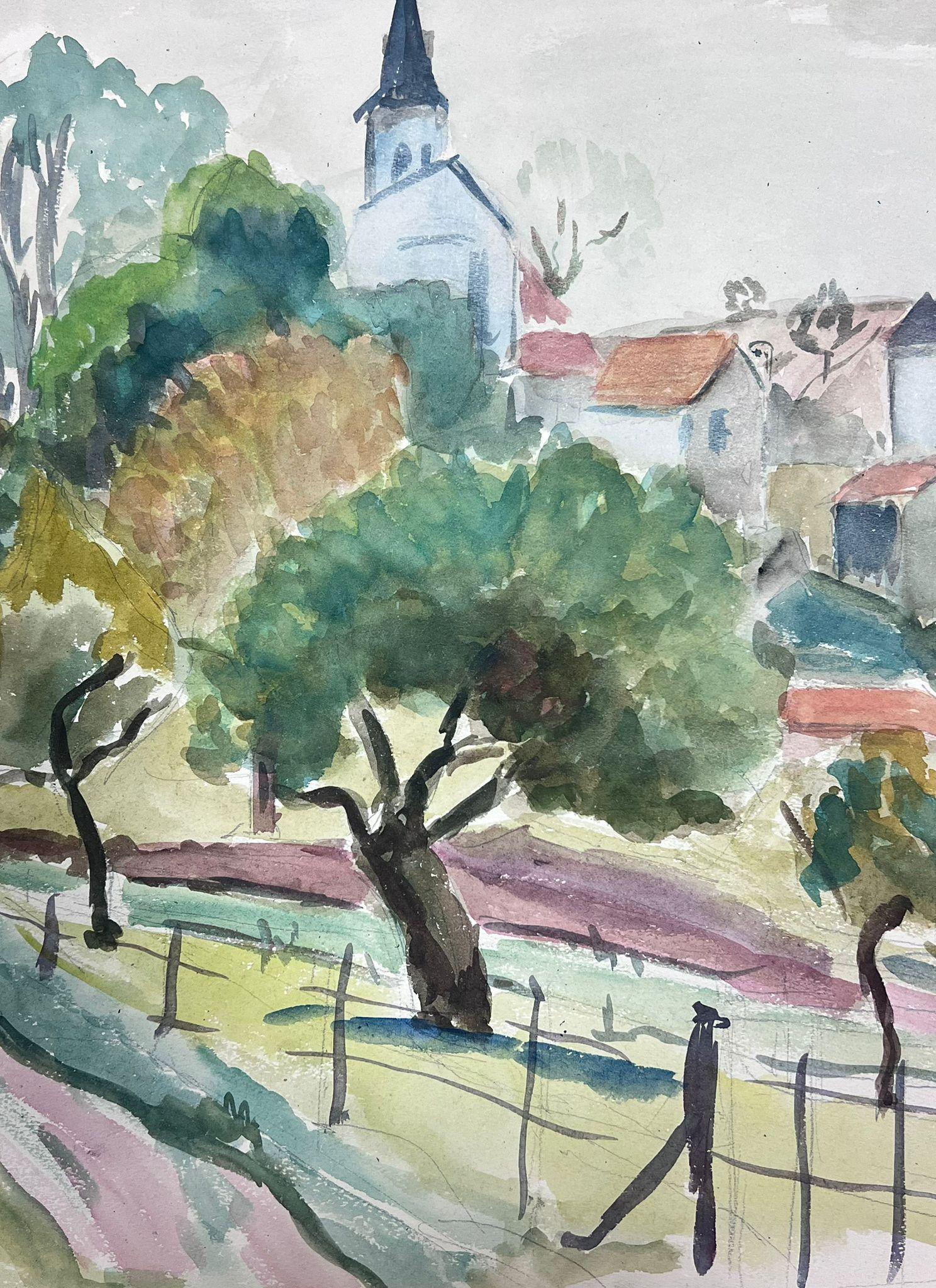 Peinture post-impressionniste du milieu du 20e siècle, champ voûté derrière une ville française - Painting de Guy Nicod
