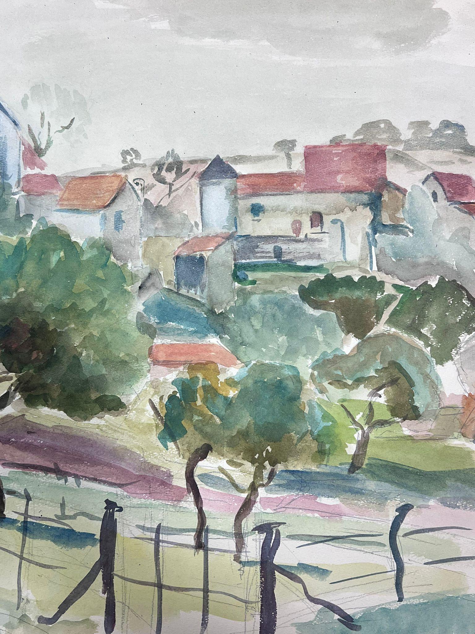 Postimpressionistisches Gemälde, Gated Field Behind French Town, Mitte des 20. Jahrhunderts (Moderne), Painting, von Guy Nicod