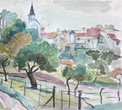 Postimpressionistisches Gemälde, Gated Field Behind French Town, Mitte des 20. Jahrhunderts
