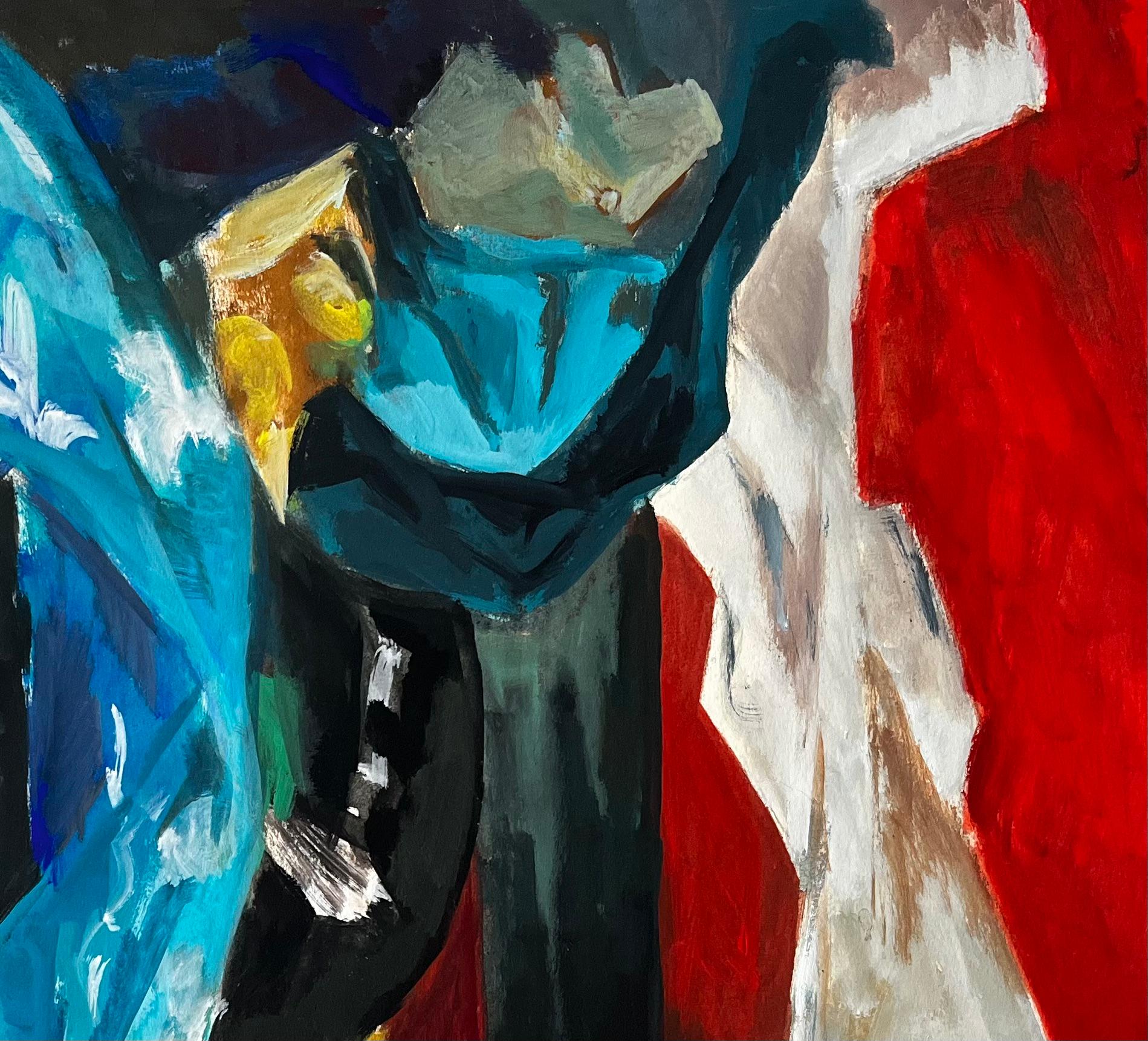 Modernist Blue Draped Fabrics Abstract Studio Objects Red White Background – Painting von Guy Nicod