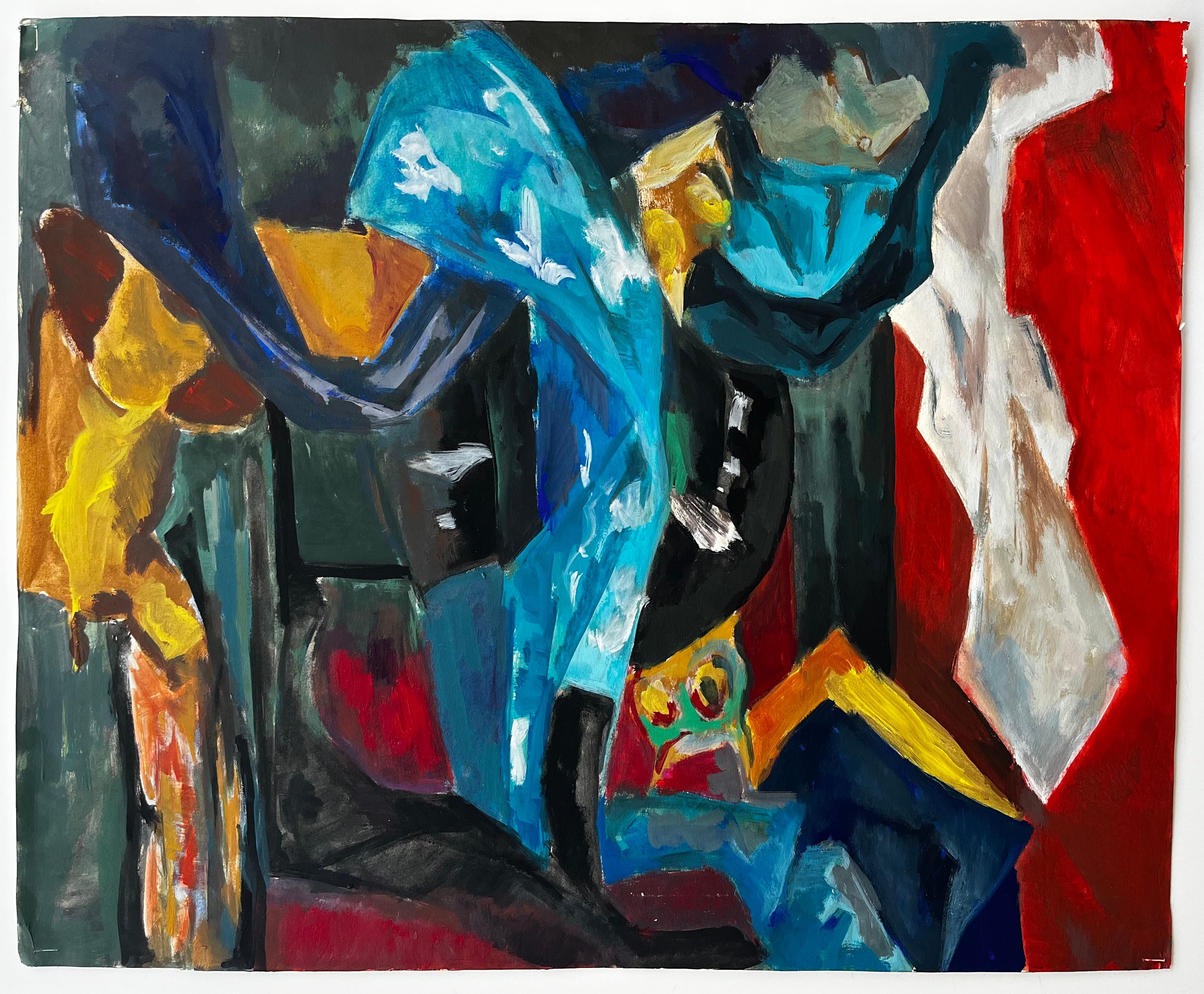 Modernist Blue Draped Fabrics Abstract Studio Objects Red White Background (Moderne), Painting, von Guy Nicod