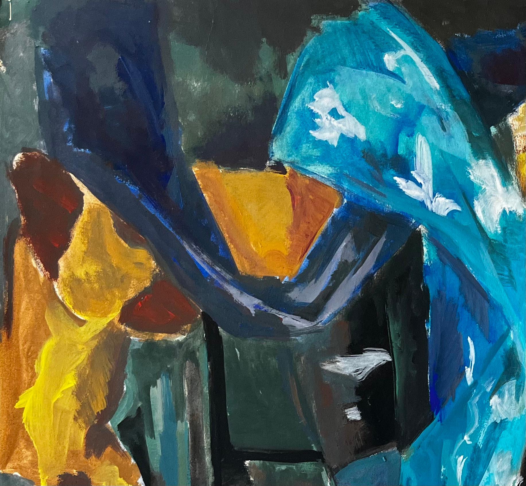 Titel: Modernist Blue Draped Fabrics Abstract Studio Objects Red White Background
Guy Nicod (Französisch 1923 - 2021) 
Gouache auf Künstlerpapier, ungerahmt
Größe: 19,75 x 24 Zoll (Höhe x Breite)
Provenienz: Künstlernachlass, Frankreich
Zustand: