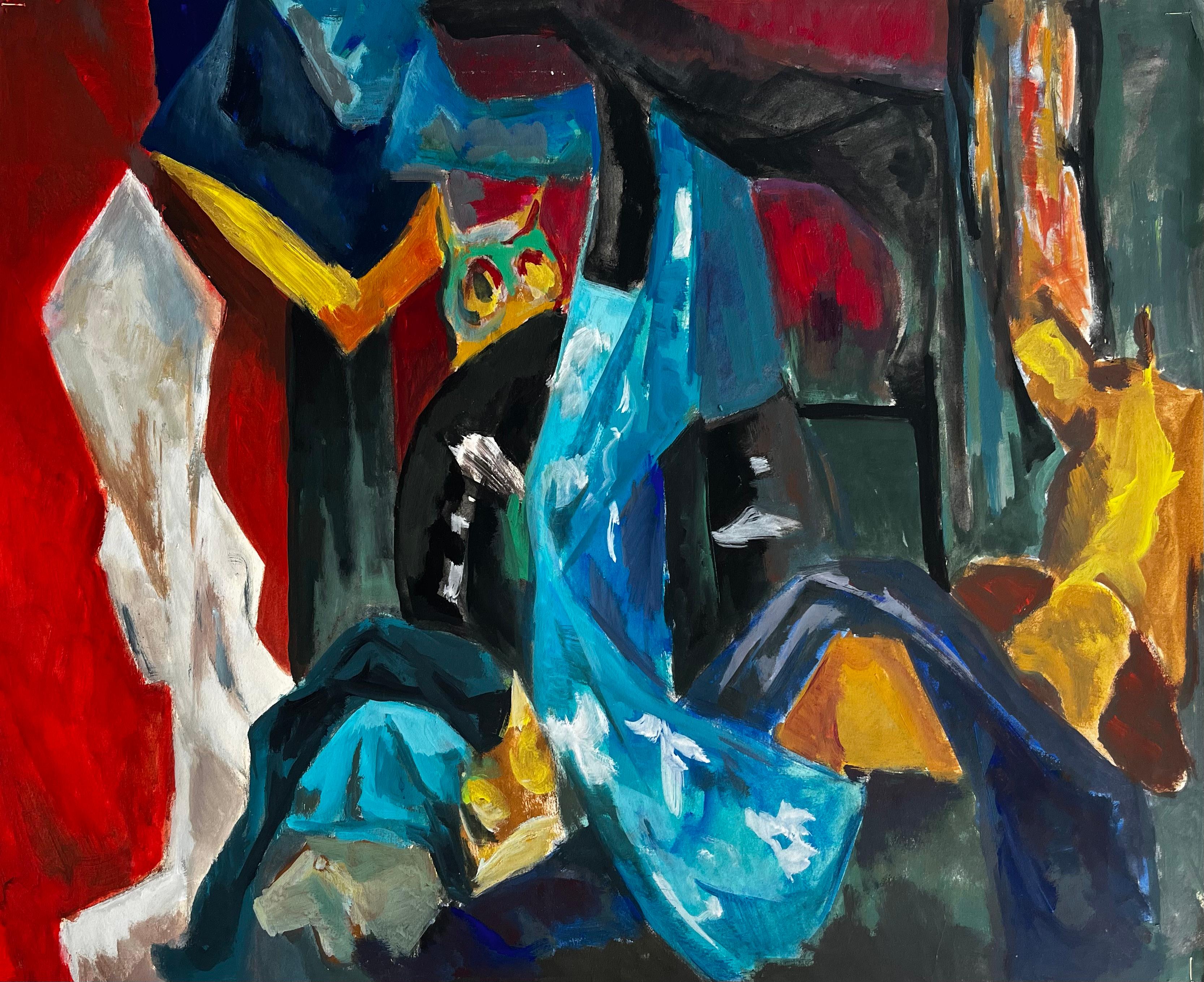 Modernist Blue Draped Fabrics Abstract Studio Objects Red White Background