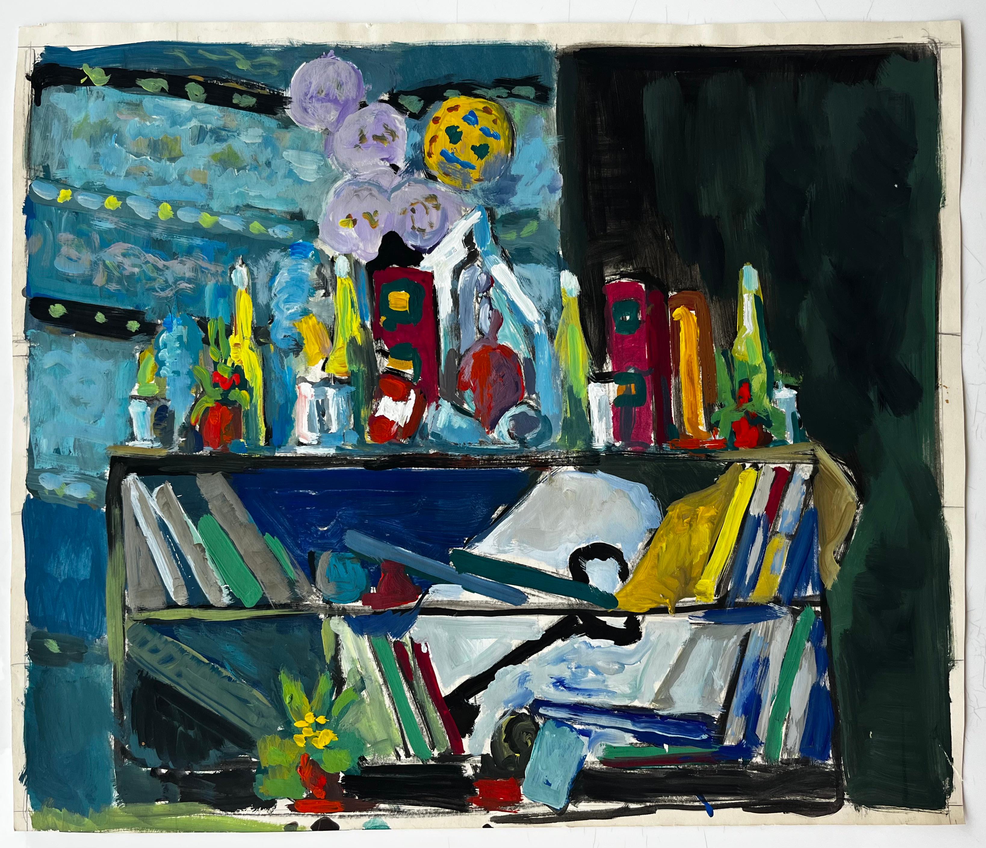 Nature morte moderniste avec bouteilles de livres et intérieur bleu Gouache française - Painting de Guy Nicod