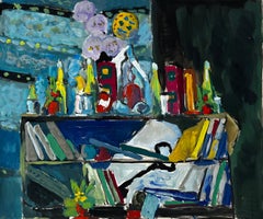 Modernist Still Life with Books Bottles and Blue Interior French Gouache