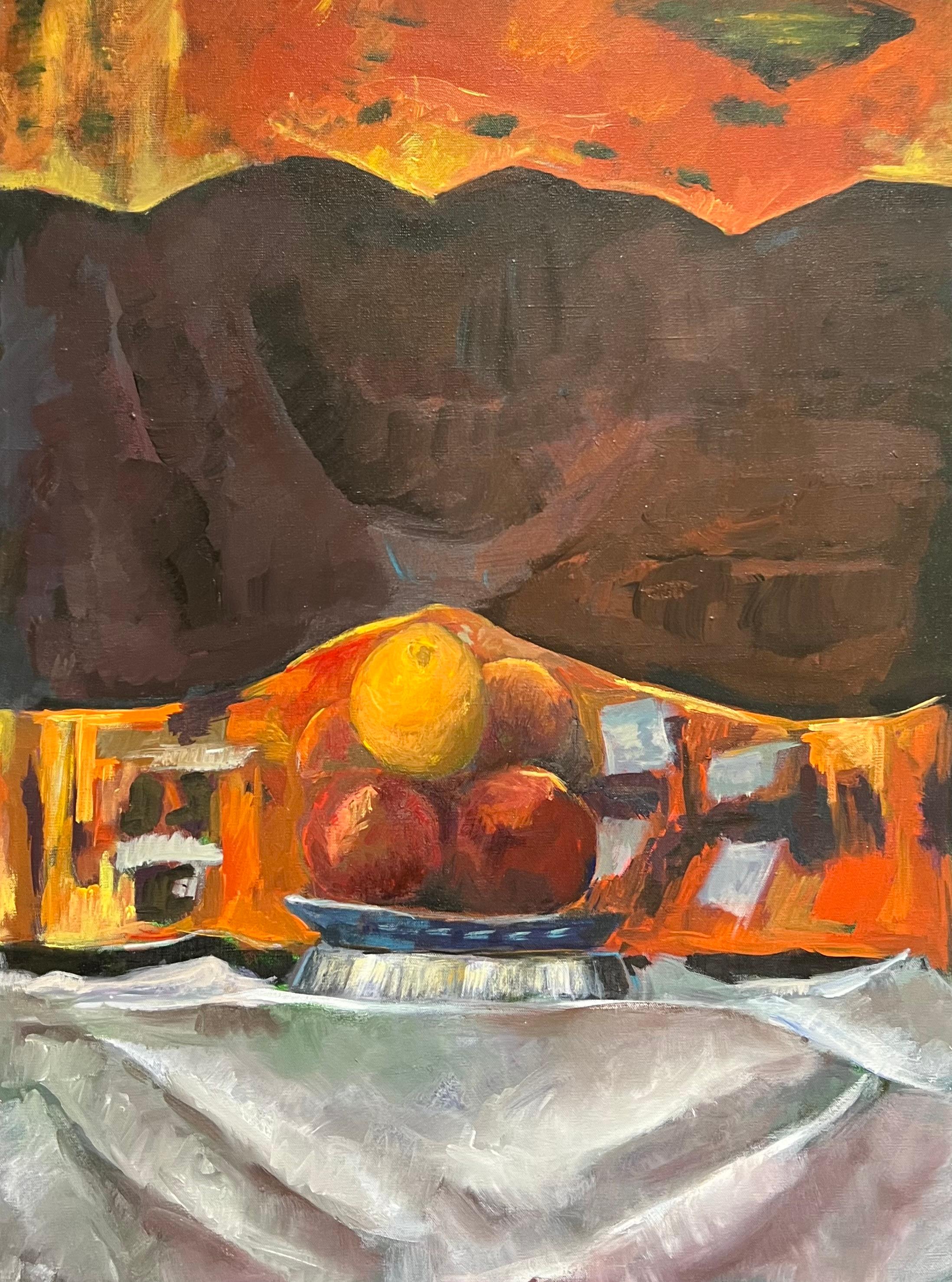 Coupe de fruits orange et pommes  Nature morte d'intérieur brune 20e siècle Huile française