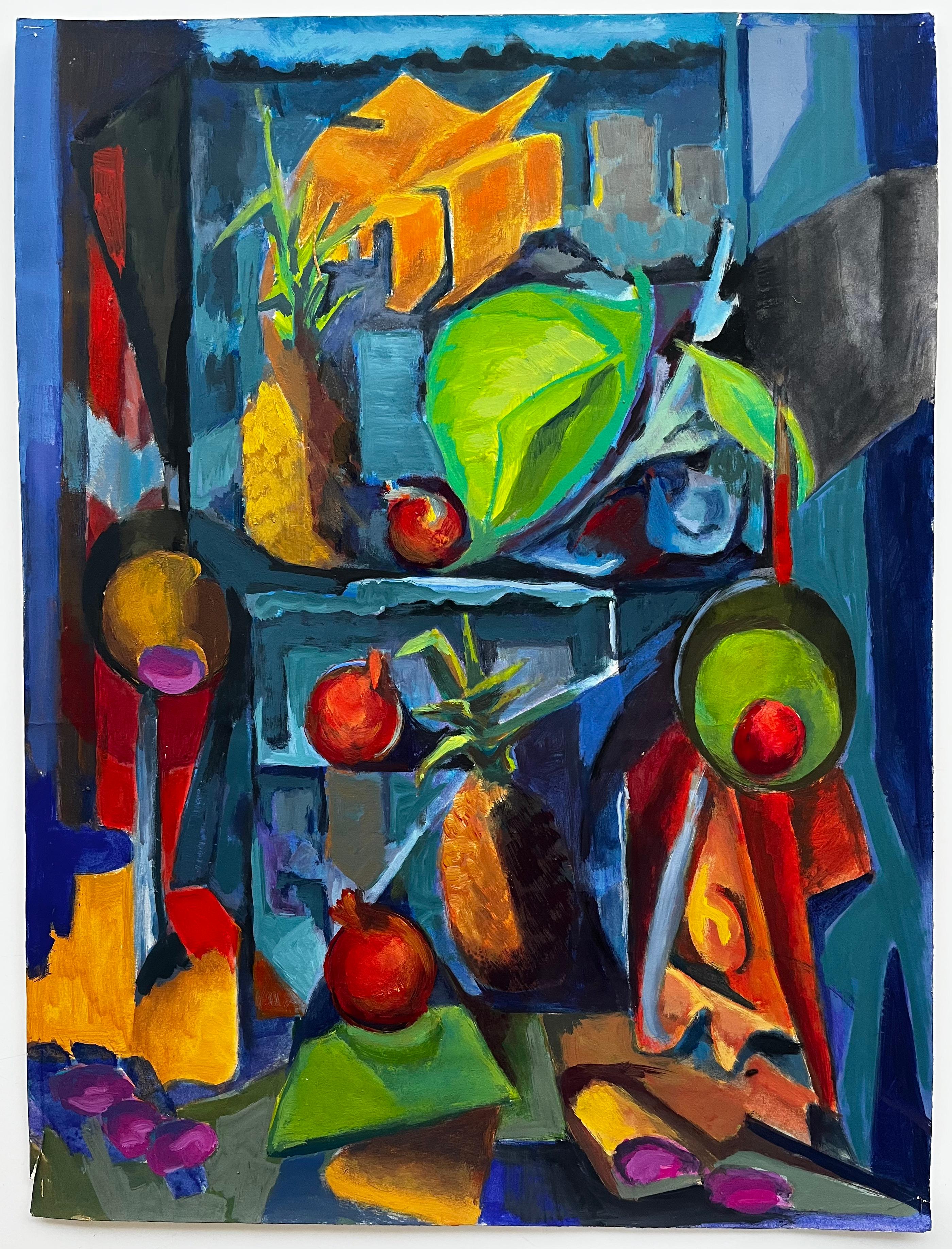 Ananas Granatäpfel Obst Display mit Blättern Regale Modernist Stillleben – Painting von Guy Nicod
