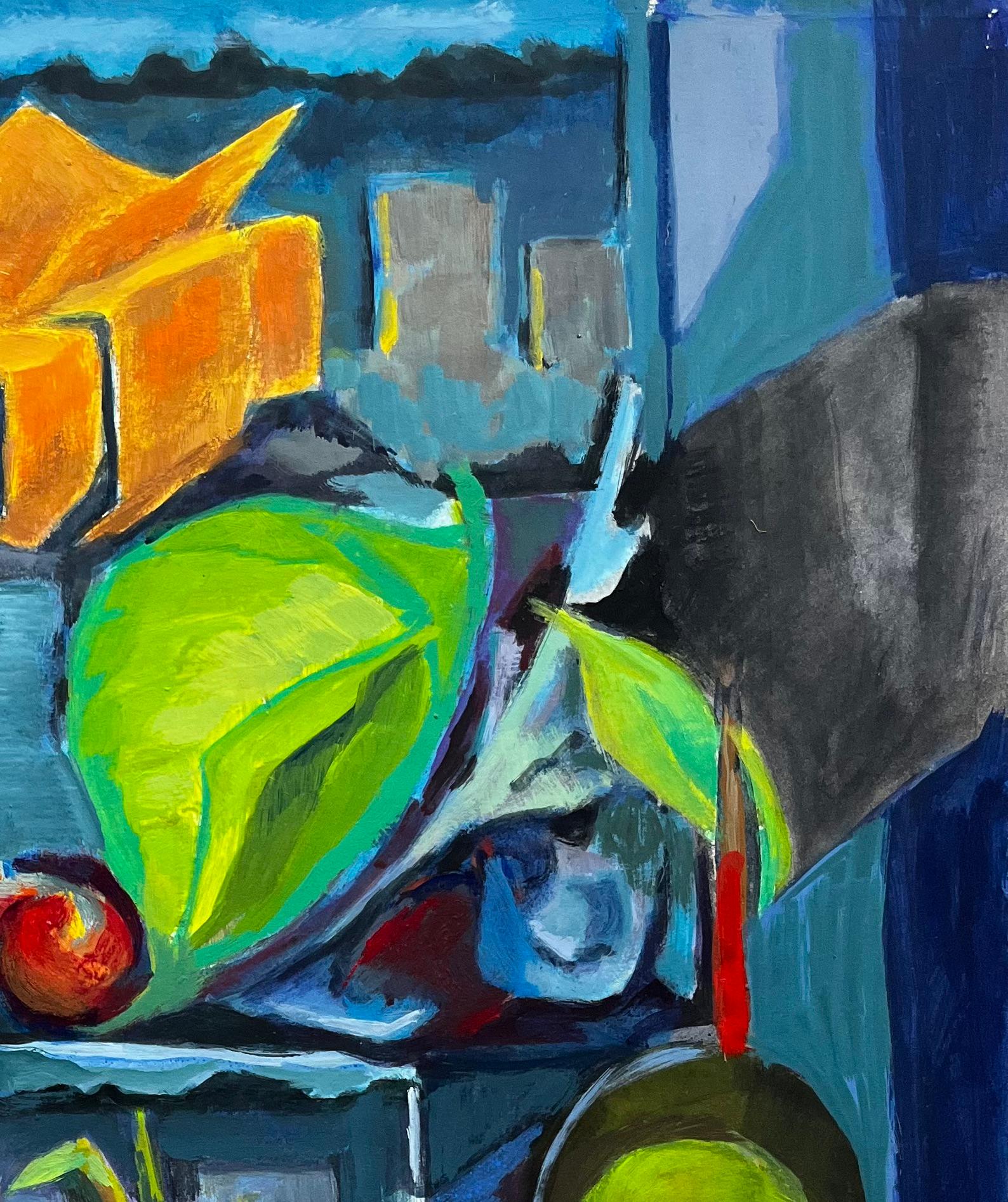 Ananas Granatäpfel Obst Display mit Blättern Regale Modernist Stillleben (Moderne), Painting, von Guy Nicod