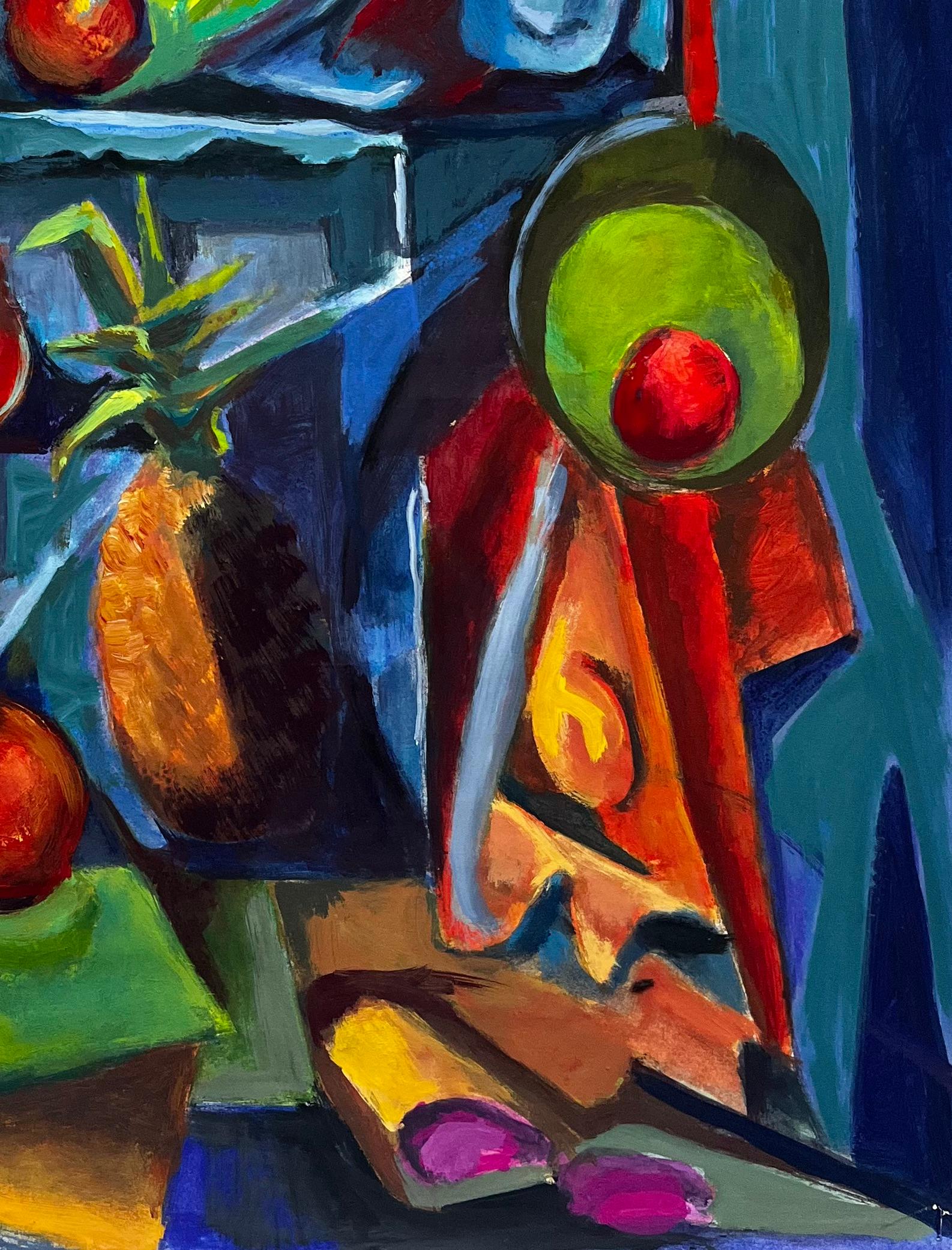Titel: Ananas Granatäpfel Obst Display mit Blättern Regale Modernist Still Life
Guy Nicod (Französisch 1923 - 2021) 
Gouache auf Künstlerpapier, ungerahmt
Größe: 24 x 18,25 Zoll (Höhe x Breite)
Provenienz: Künstlernachlass, Frankreich
Zustand: Guter