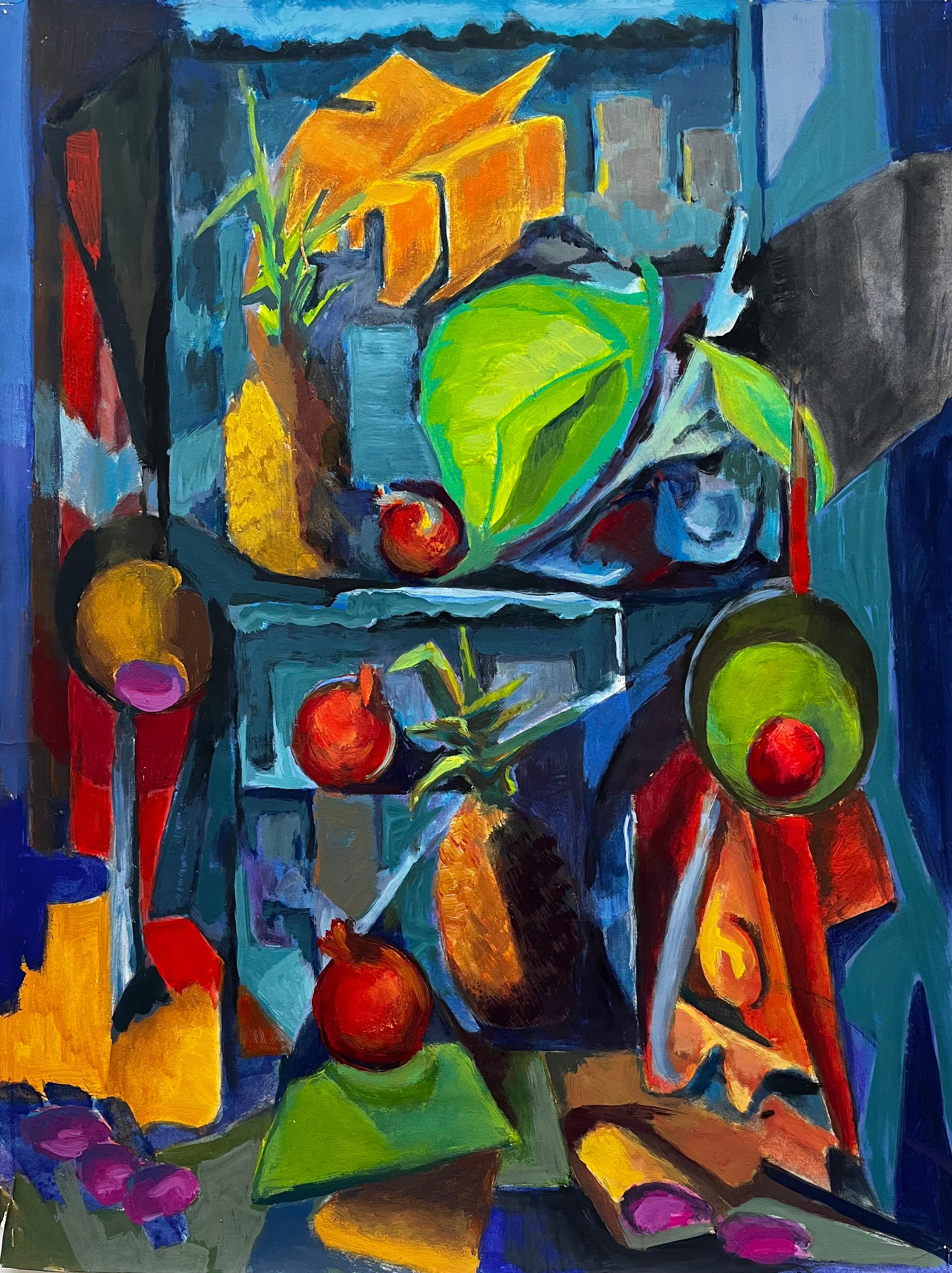 Pineapple Pomegranates Fruit Display with Leaves Shelves Modernist Still Life