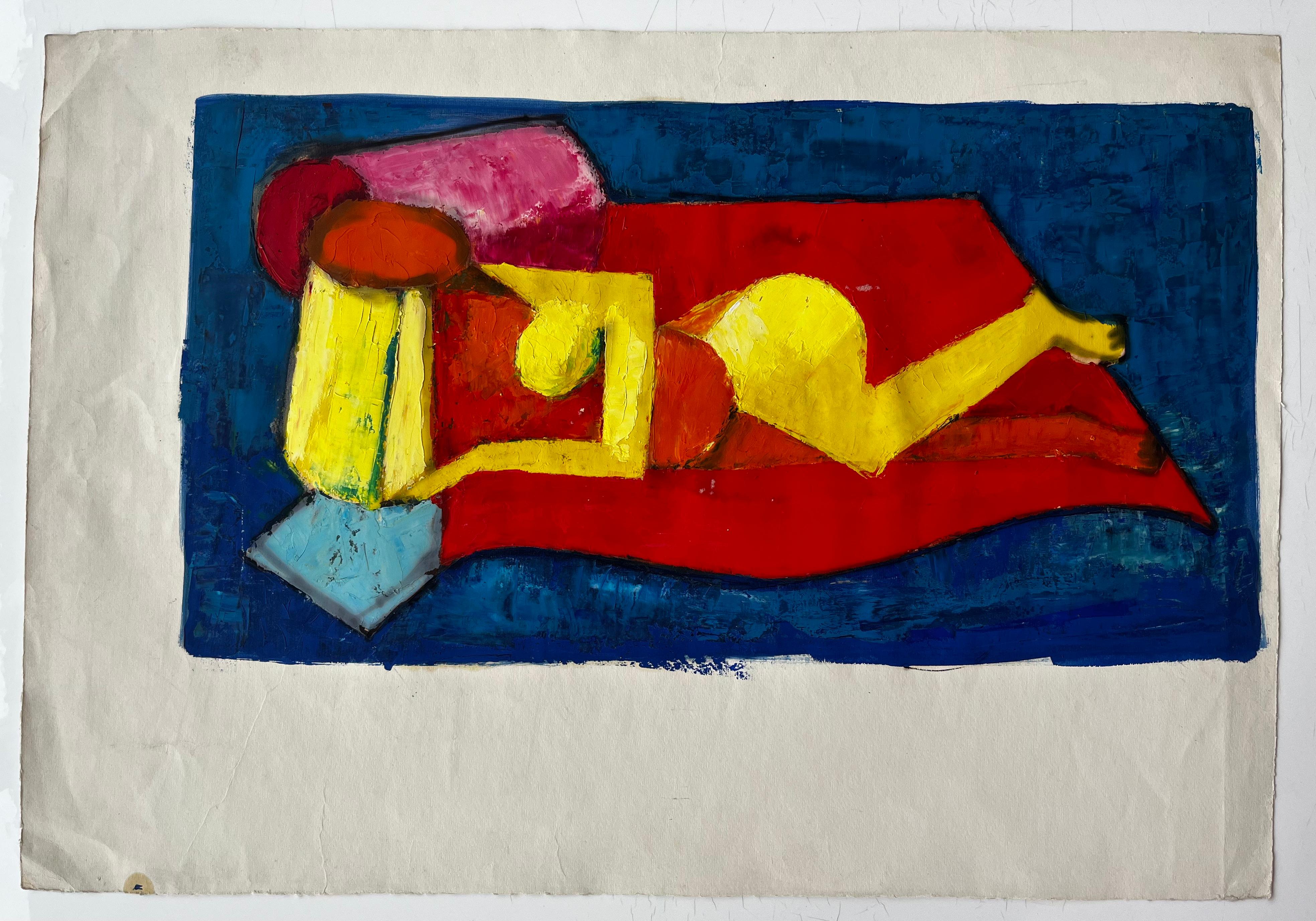 Liegender Akt auf rotem und blauem modernen abstrakten französischen Ölgemälde – Painting von Guy Nicod