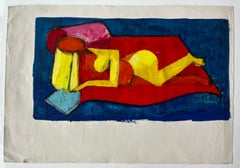 Reclining Nude on Red and Blue Modern Abstract French Oil Painting