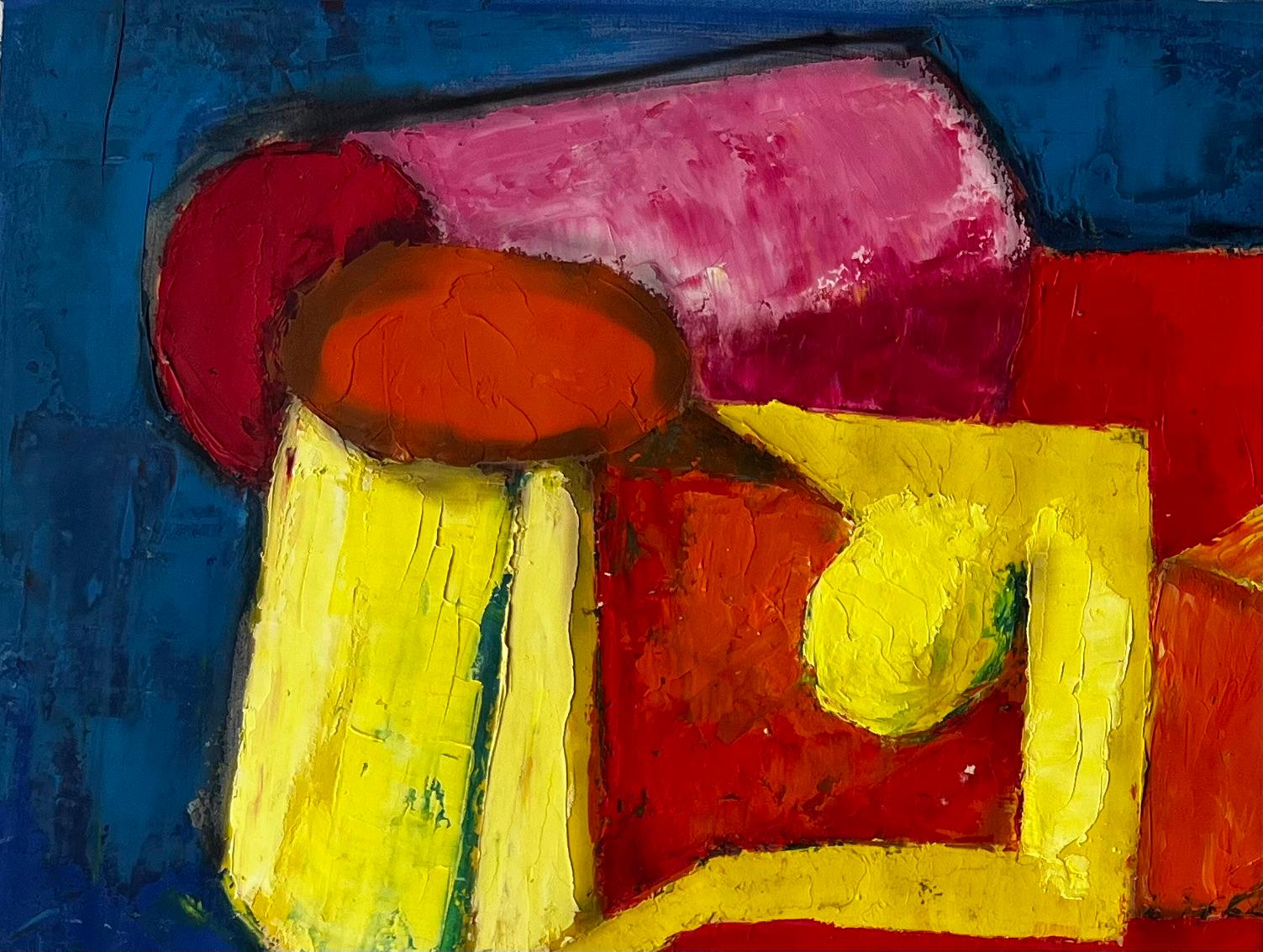 Liegender Akt auf rotem und blauem modernen abstrakten französischen Ölgemälde (Moderne), Painting, von Guy Nicod