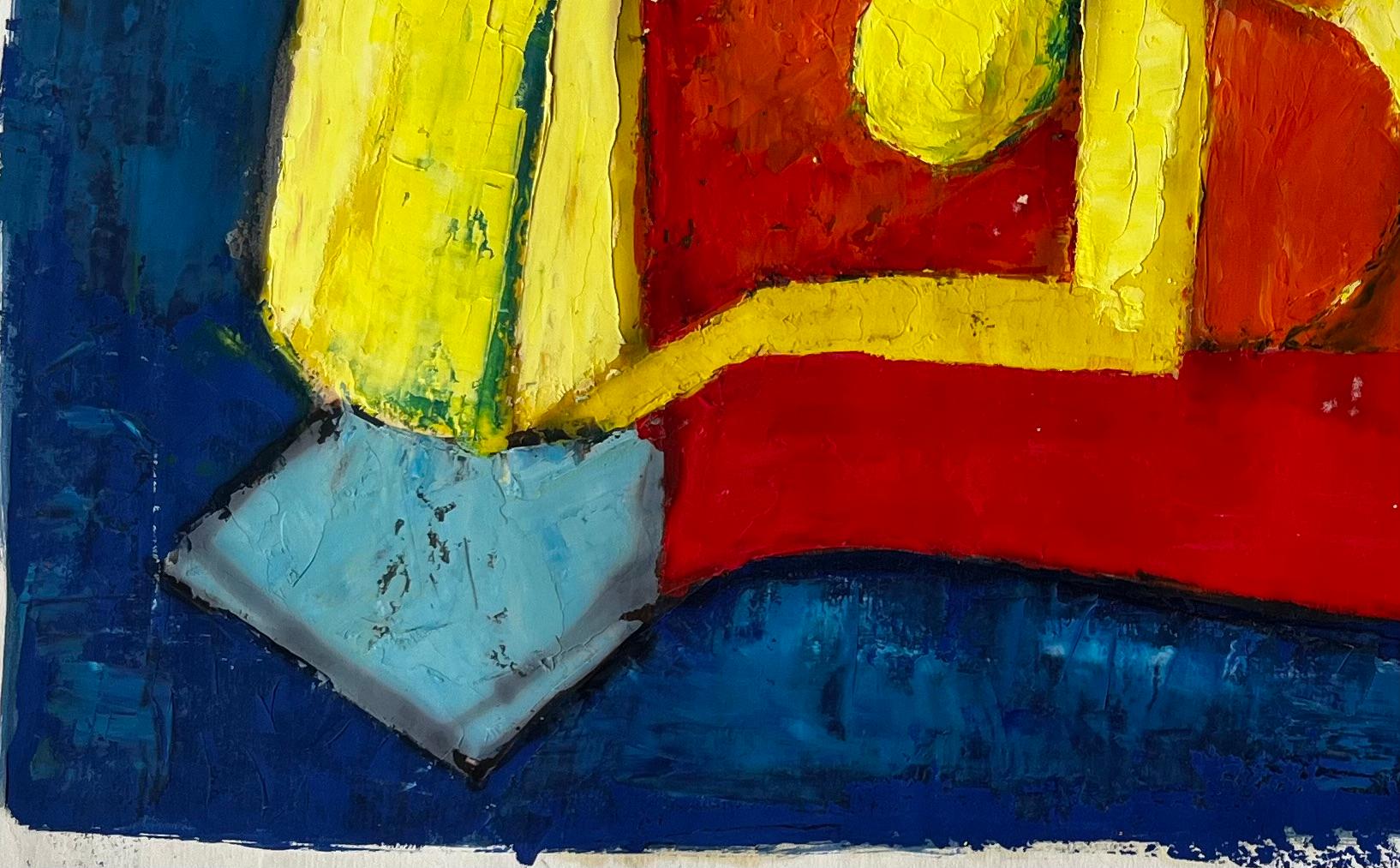 Liegender Akt auf rotem und blauem modernen abstrakten französischen Ölgemälde (Schwarz), Nude Painting, von Guy Nicod
