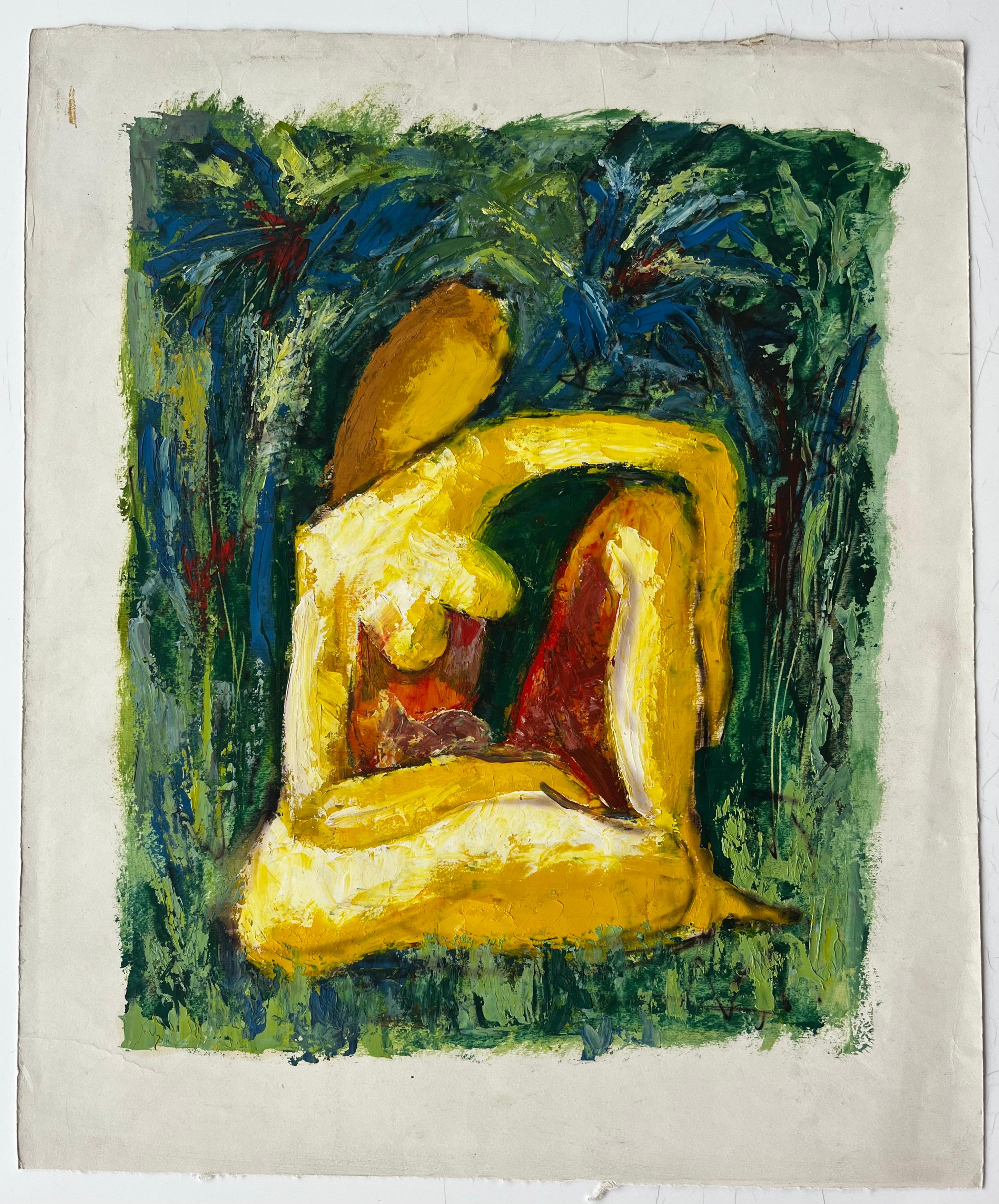 Sitzender Akt in einer ausdrucksstarken grünen Landschaft Französisch Modernist Ölgemälde – Painting von Guy Nicod