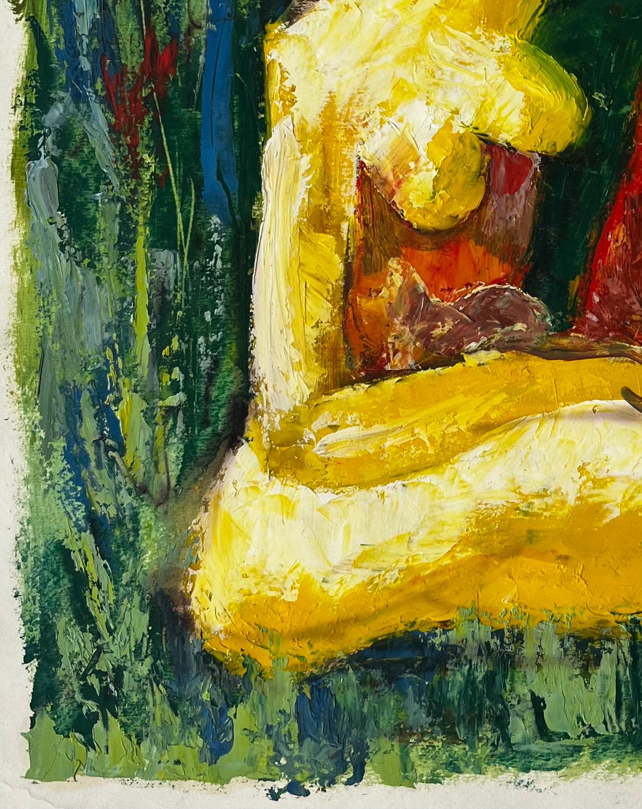 Sitzender Akt in einer ausdrucksstarken grünen Landschaft Französisch Modernist Ölgemälde (Schwarz), Nude Painting, von Guy Nicod
