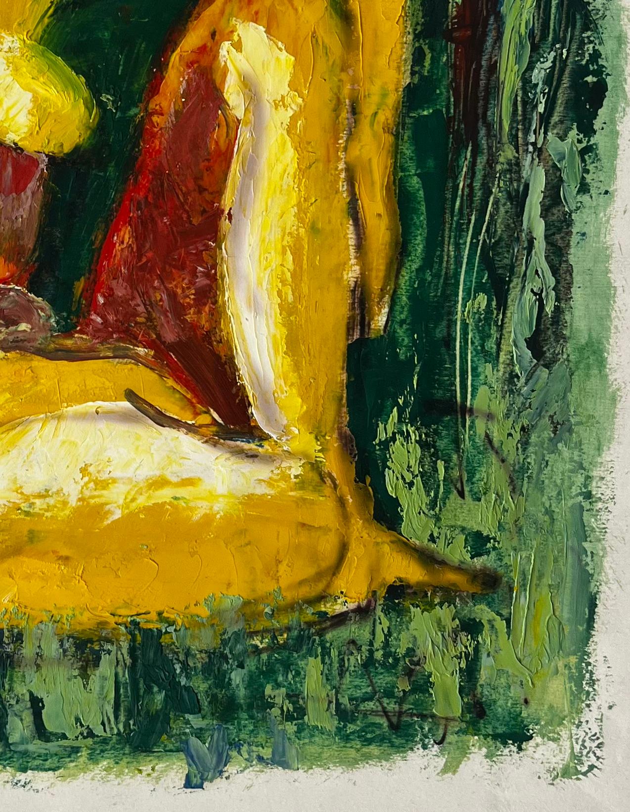 Titel: Sitzender Akt in expressiver grüner Landschaft Ölgemälde der französischen Moderne
Guy Nicod (Französisch 1923 - 2021) 
Öl auf Künstlerpapier, ungerahmt
Größe: 18,5 x 15,75 Zoll (Höhe x Breite)
Provenienz: Künstlernachlass,