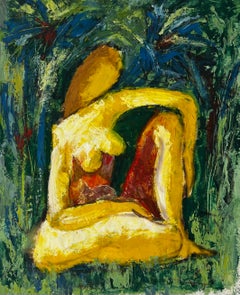Seated Nude in a Expressive Green Landscape French Modernist Oil Painting