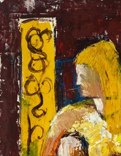 Seated Nude Woman Modernist Study French Gouache Painting in Bold Primary Colour