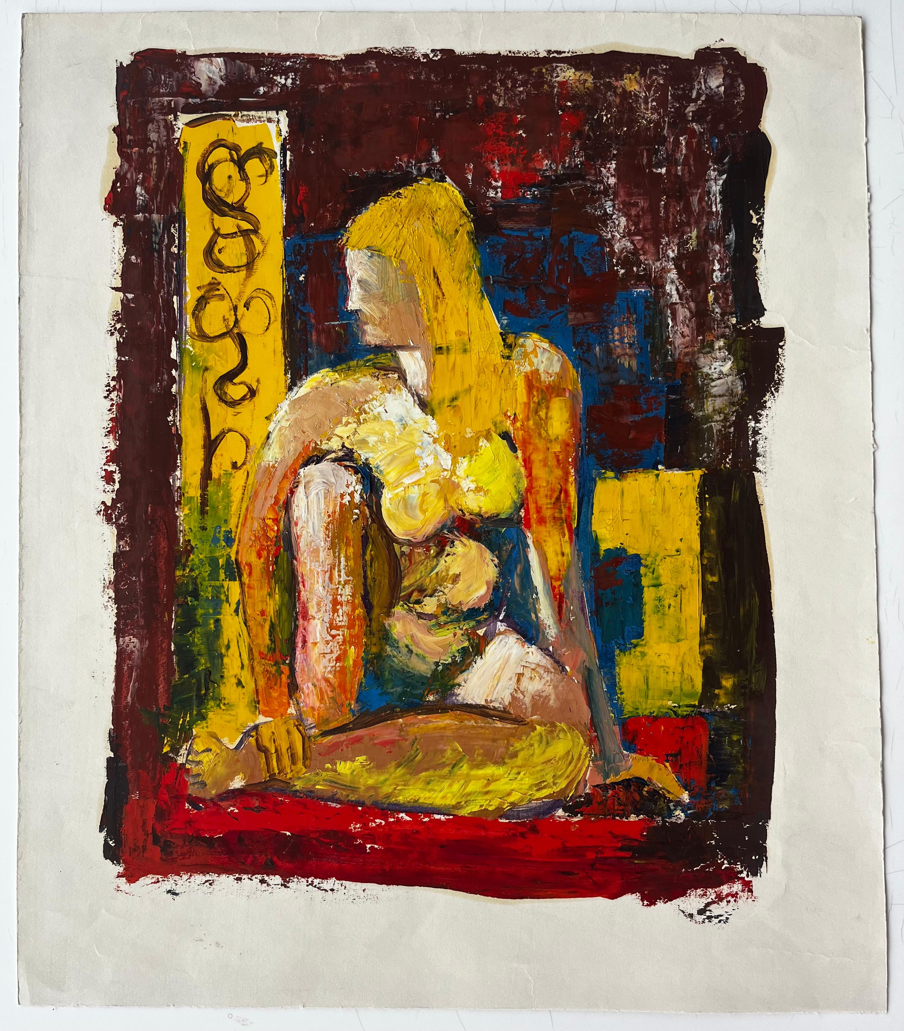 Sitzender Frauenakt Modernistische Studie Französische Gouache-Malerei in kräftiger Grundfarbe (Moderne), Painting, von Guy Nicod