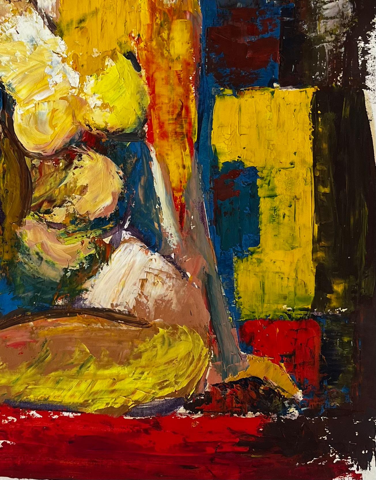 Titel: Sitzender Frauenakt Modernistische Studie Französische Gouache-Malerei in kräftiger Grundfarbe
Guy Nicod (Französisch 1923 - 2021) 
Öl auf Künstlerpapier, ungerahmt
Größe: 18,25 x 15,75 Zoll (Höhe x Breite)
Provenienz: Künstlernachlass,