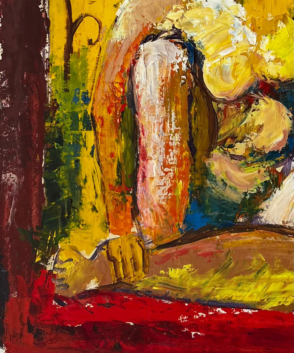 Sitzender Frauenakt Modernistische Studie Französische Gouache-Malerei in kräftiger Grundfarbe im Angebot 1