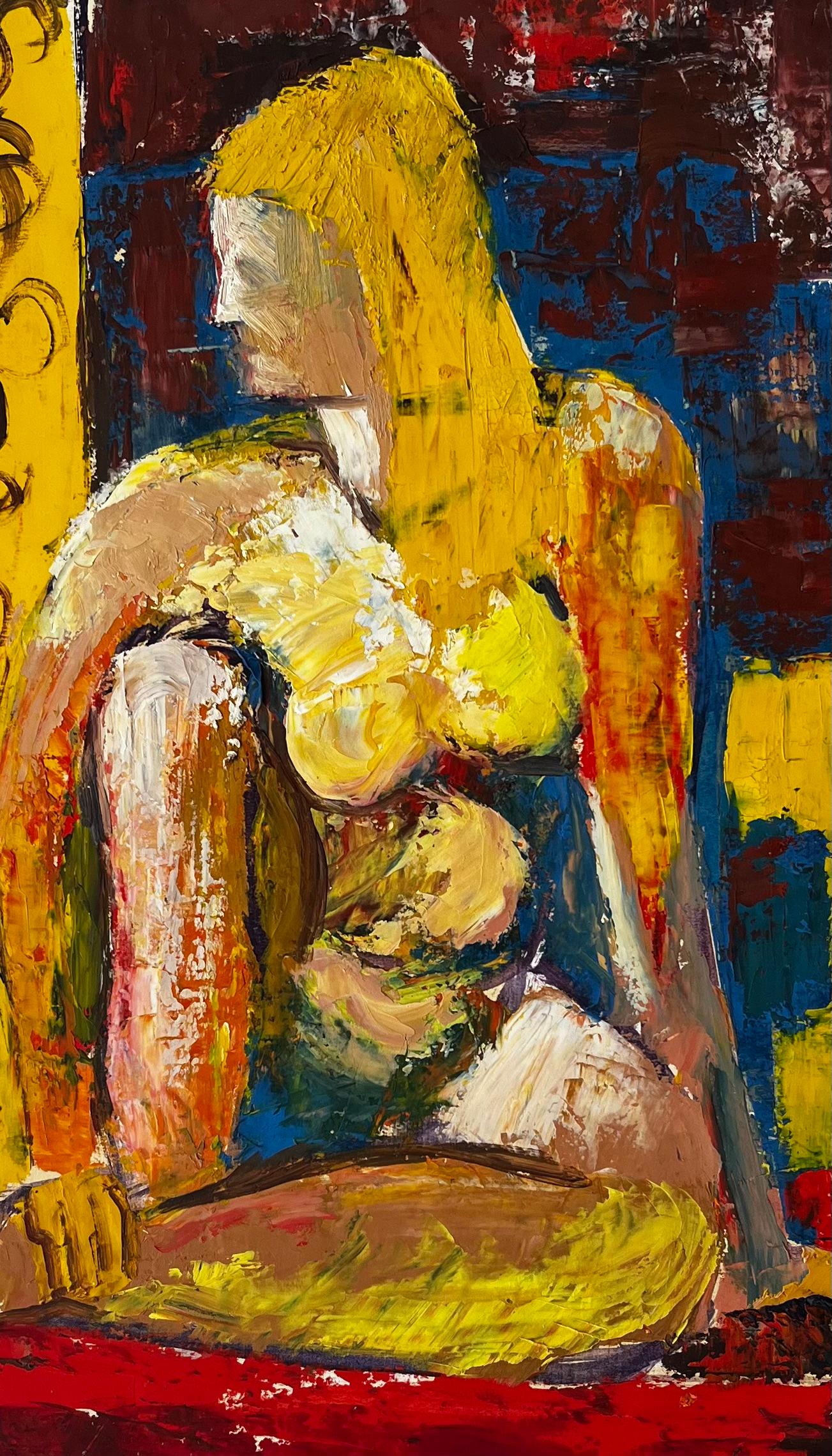 Sitzender Frauenakt Modernistische Studie Französische Gouache-Malerei in kräftiger Grundfarbe im Angebot 2