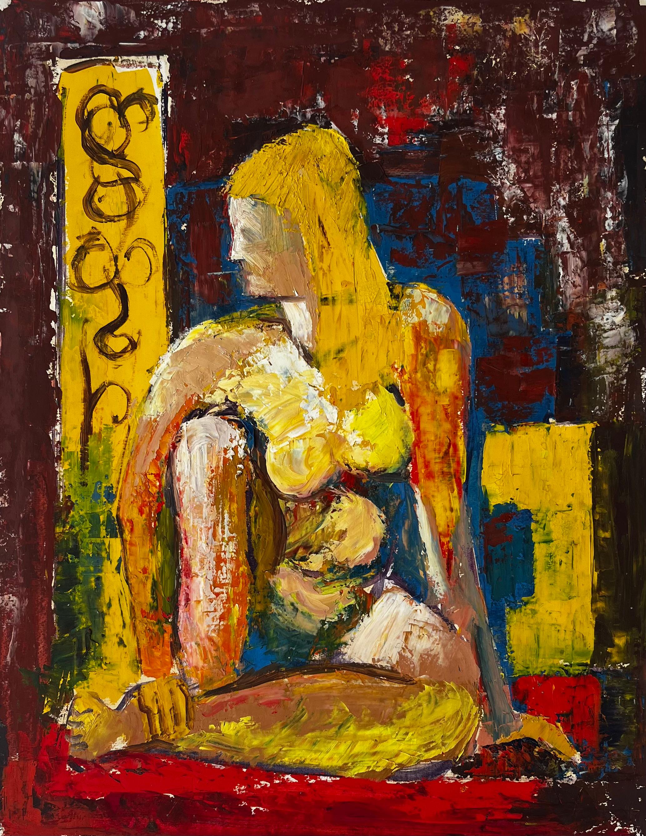 Seated Nude Woman Modernist Study French Gouache Painting in Bold Primary Colour