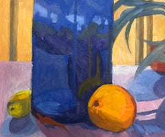 Still Life with a Blue Vase, Yellow Lemon, and Orange on a Table French Oil