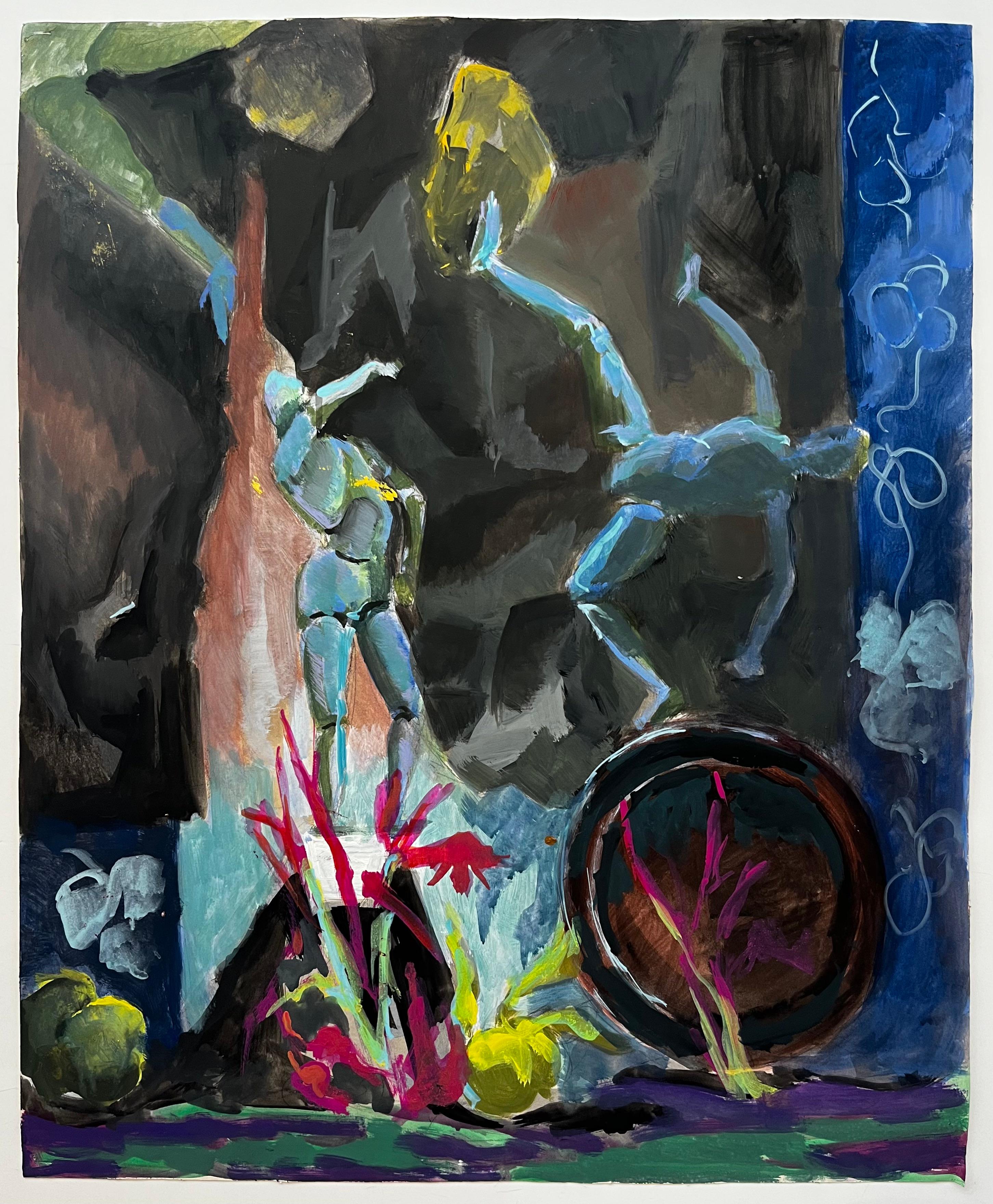 Natura morta con manichino d'artista Ciotola con figure blu ed elementi floreali Modernista - Painting di Guy Nicod