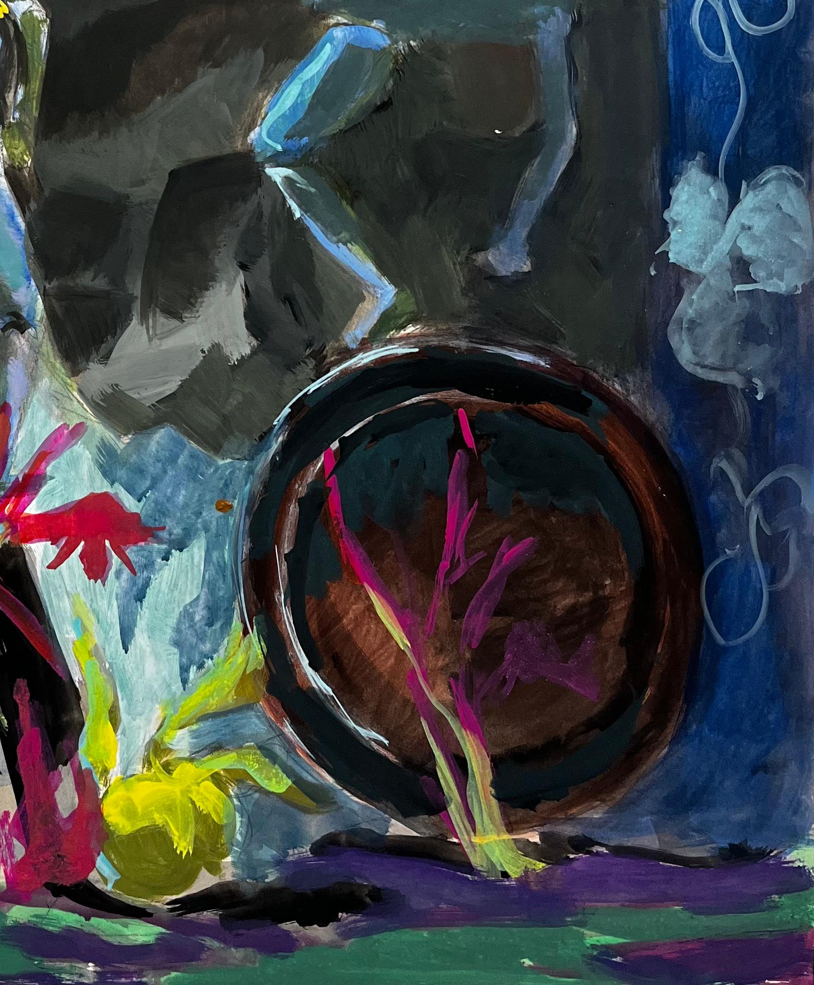 Titolo: Natura morta con manichino d'artista, figure blu, ciotola ed elementi floreali Gouache modernista
Guy Nicod (francese, 1923 - 2021) 
Guazzo su carta d'artista, senza cornice
Dimensioni: 24,25 x 19,75 pollici (altezza x