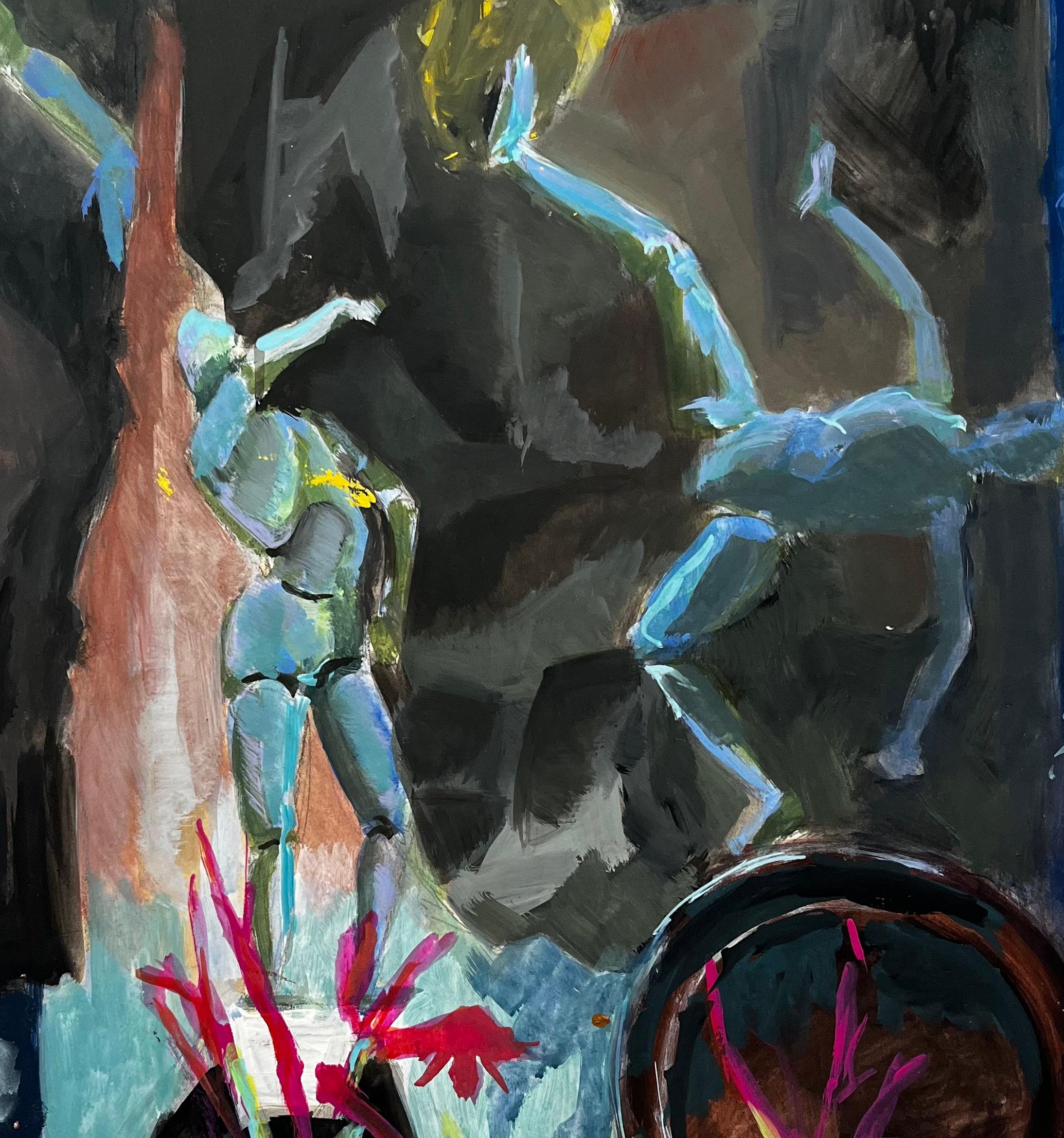 Natura morta con manichino d'artista Ciotola con figure blu ed elementi floreali Modernista in vendita 2