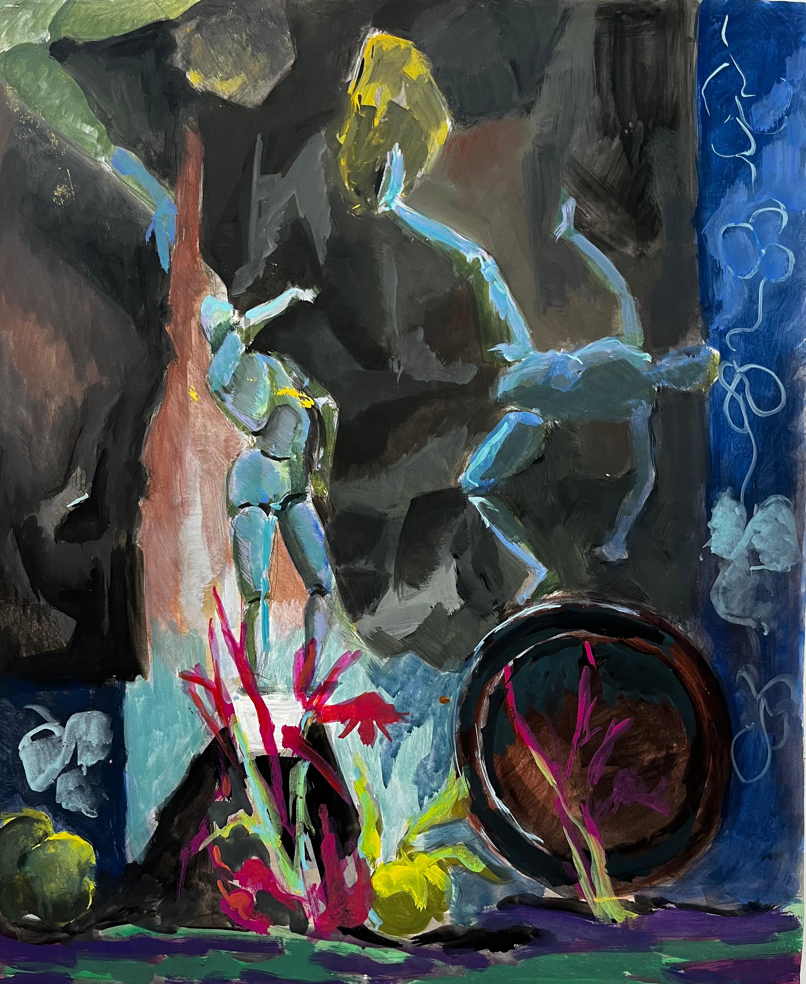 Nature morte avec mannequin d
artiste, bol aux figures bleues et éléments floraux Moderniste